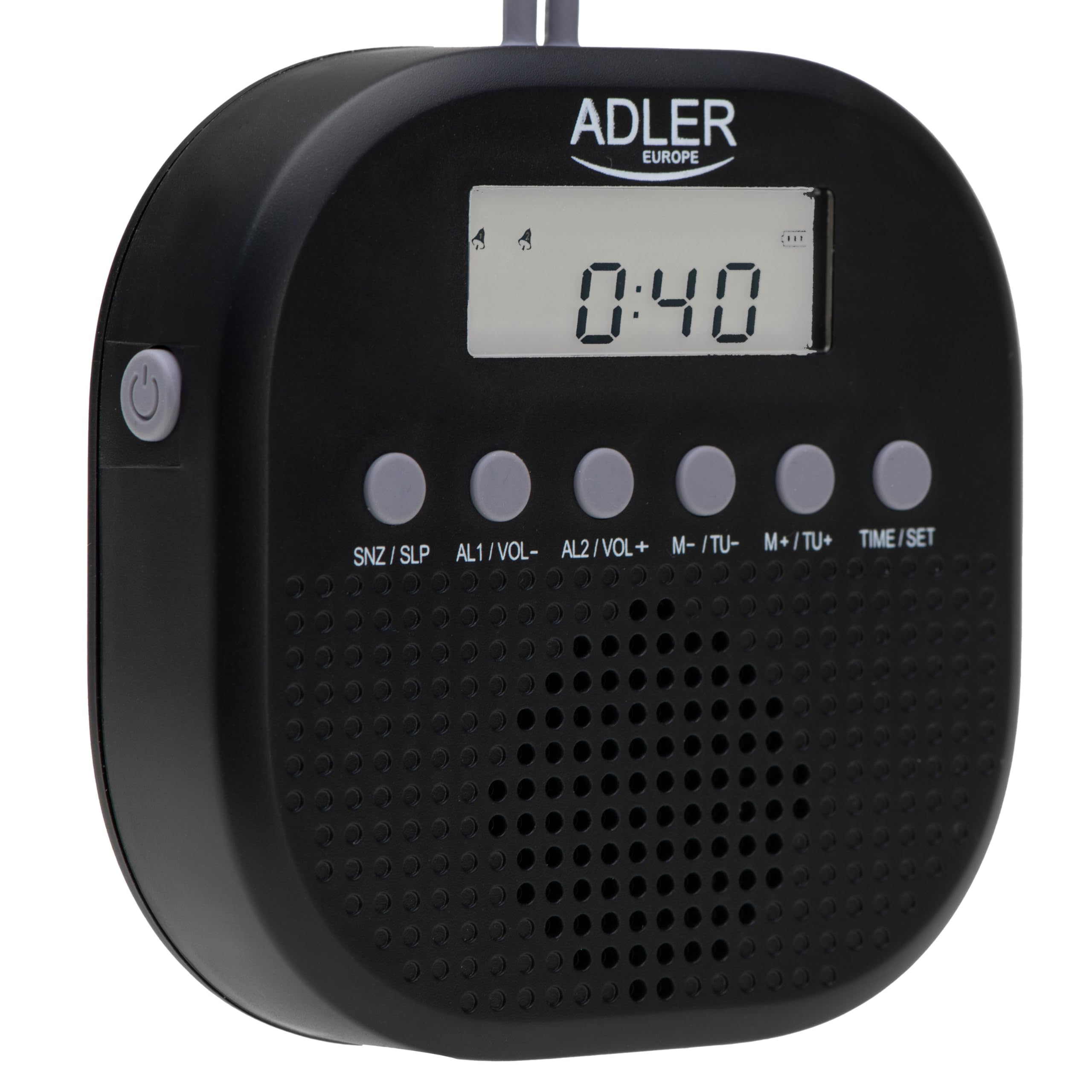Adler Radio de Salle de Bain numérique AD 1912, IPX4 étanche, FM 87,5-108 MHz, écran LCD, Fonction Double Alarme, Fonction répétition, Crochet en Silicone Souple, Noir