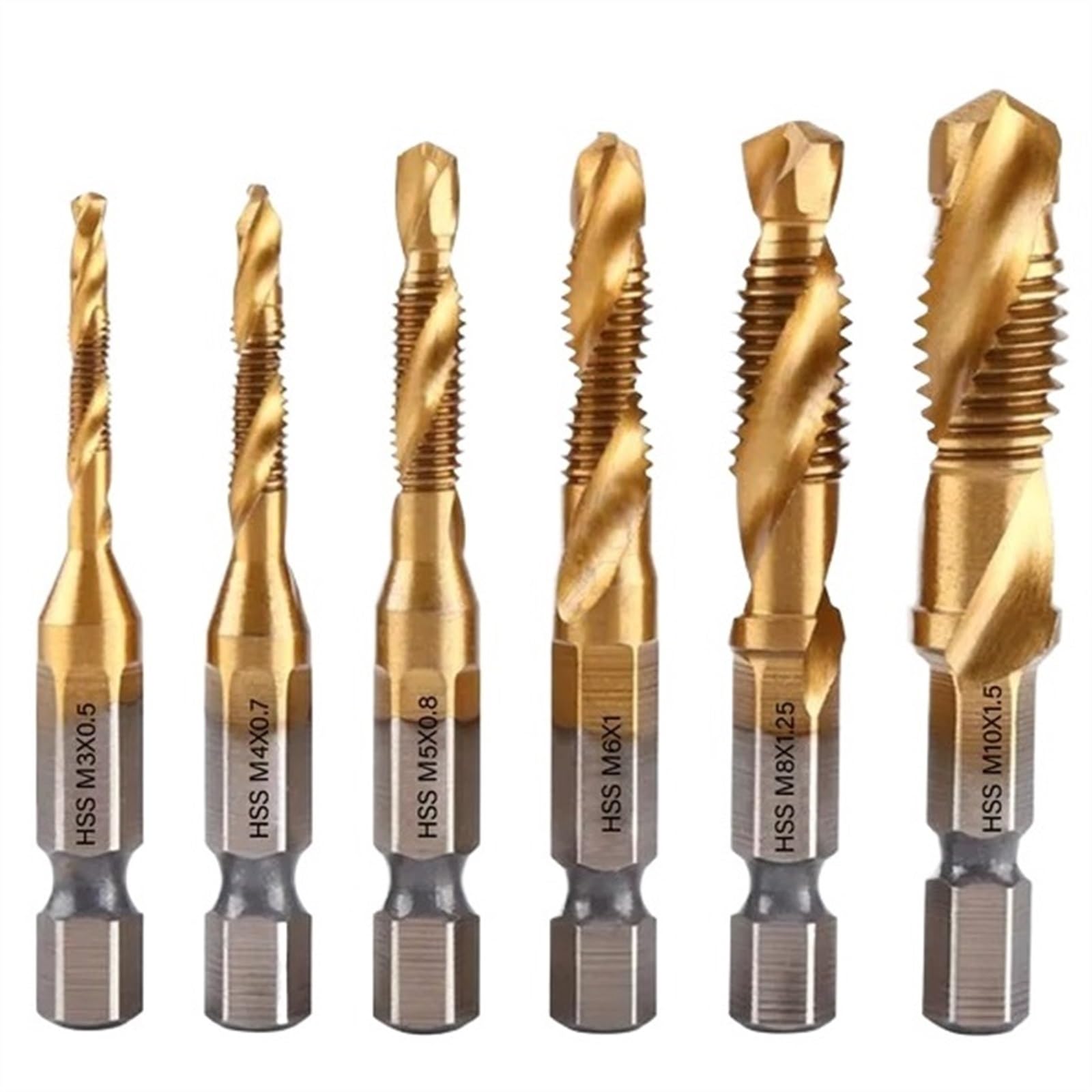 Set di maschi e filiere in titanio, utensili manuali, maschi filettati M6, gambo lungo, per lavorazione del legno, officina meccanica, punta da trapano per metallo (dimensioni: Golden Short 6 pezzi)