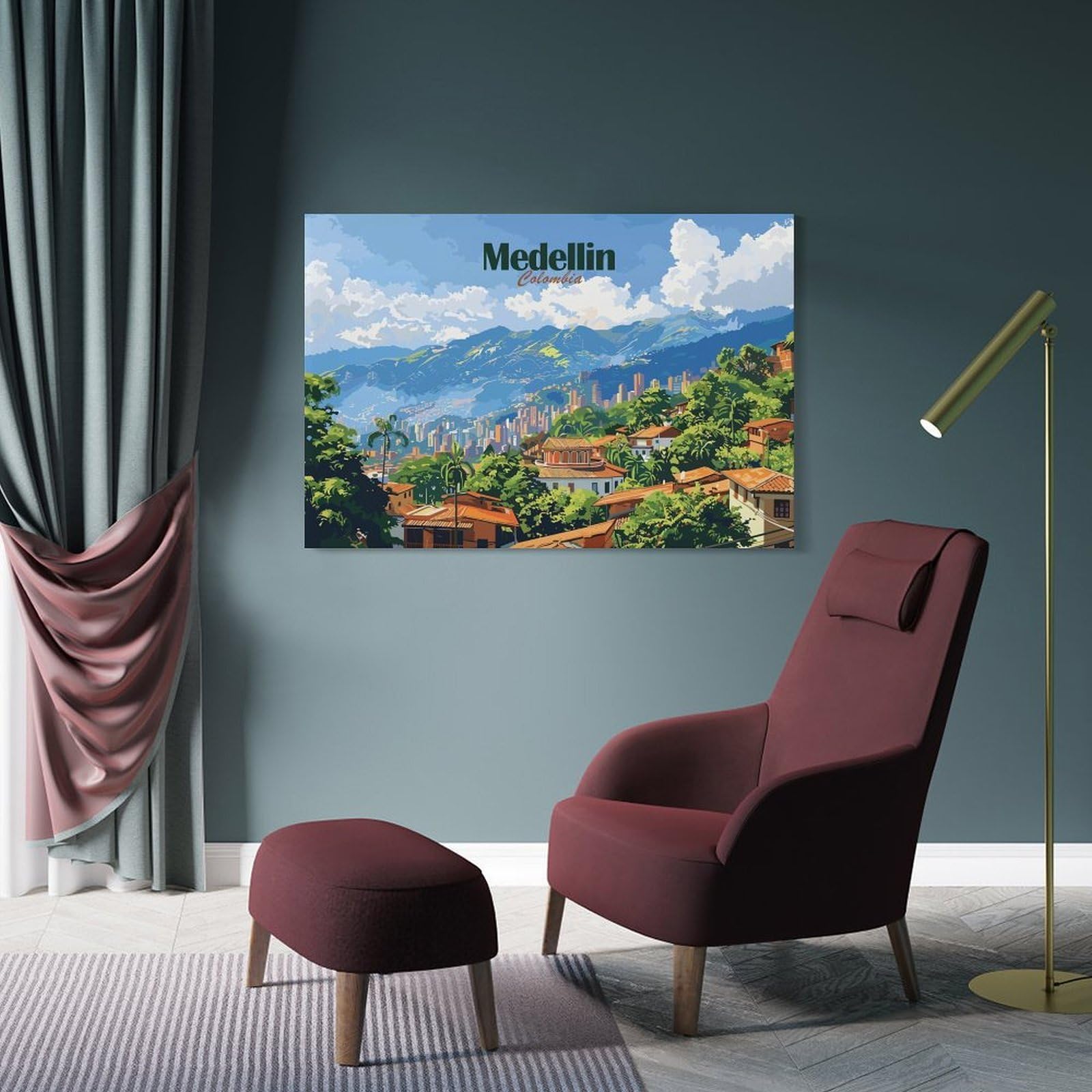 Junmoney Medellin Cityscape Canvas Wall Picture, 20x30inch(50x75cm), for Entrance Spaces, Stair Walls Or Halls, A Stylish Accent for Home Entrances