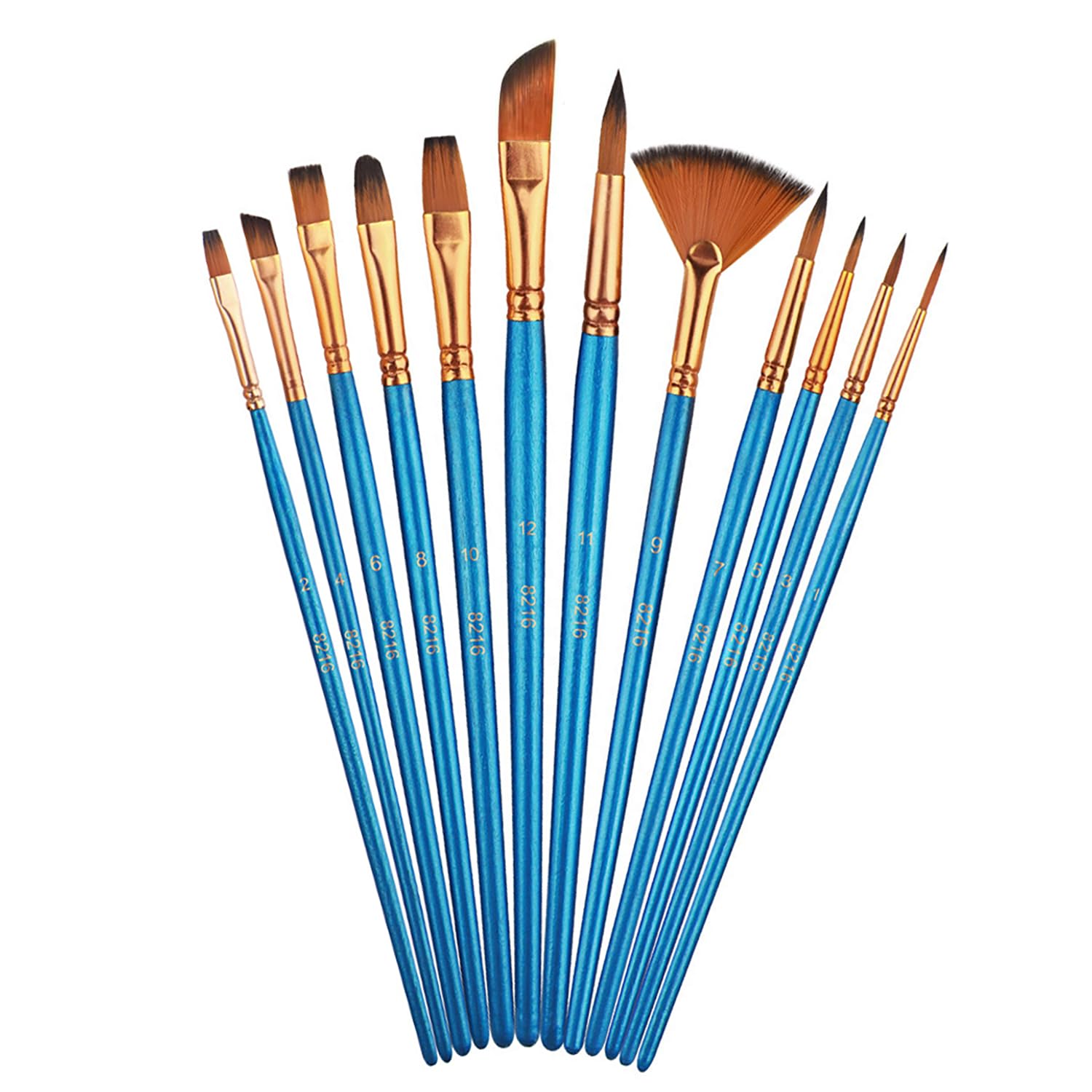 12 Stück Pinselset, Künstlerpinsel im Set, Premium Nylon Acrylfarben Pinsel, Malerei Ölfarben Brush Set fur Acrylfarben, Öle und Gouache, Blau