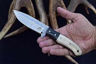 Knives Ranch Fixed Blade Hunting Knife with Leather Sheath - Damascus Steel Bushcraft Knife – 8-1/2" Utility Knife – Micarta + Bone Handle & Heavy-Duty Dual Carrying Sheath (3117) - Knives Ranch