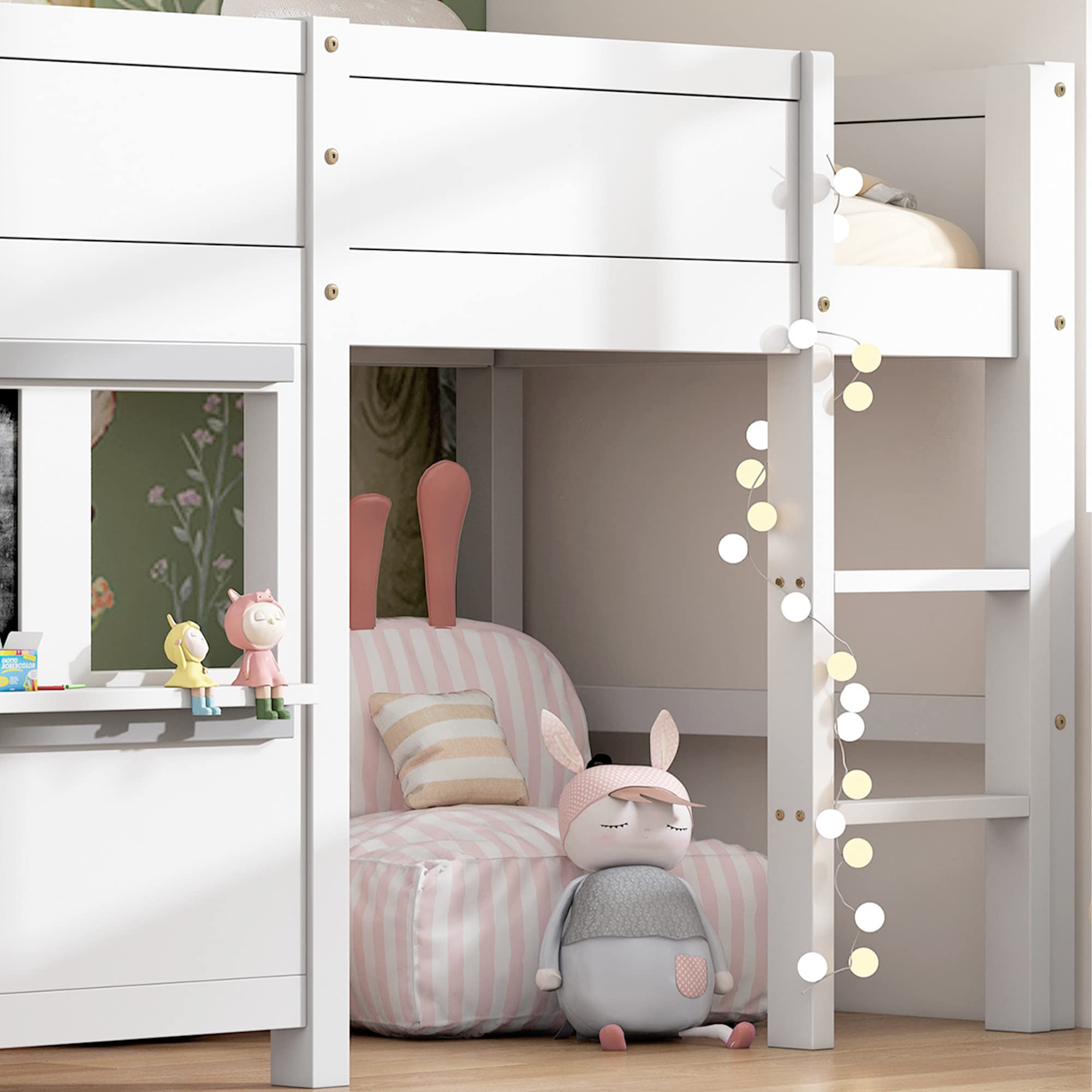 Letto A Castello In Legno Di Pino 90x200 Cm Con Scala, Lavagne E Ripiano – Stile Scandinavo Per Bambini - 5