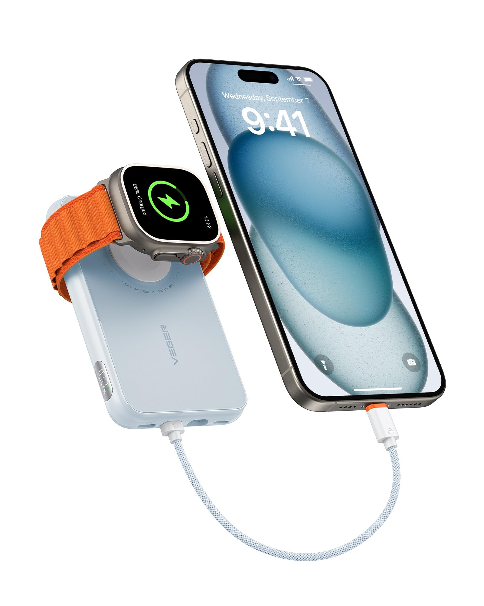 VEGER Power Bank 10000mAh con Cavi Integrati compatibile con iPhone Apple Watch, 20W PD Ricarica Rapida Mini Powerbank USB C Batteria Esterna 4 Ingressi e 3 Uscite con LED Display