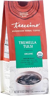 Teeccino Tremella Tulsi Coffee Alternative - Cardamom - Organic Adaptogenic Herbal Mushroom Coffee, Medium Roast, Caffeine Free, Prebiotic, Acid Free, Gluten Free - 10 Oz
