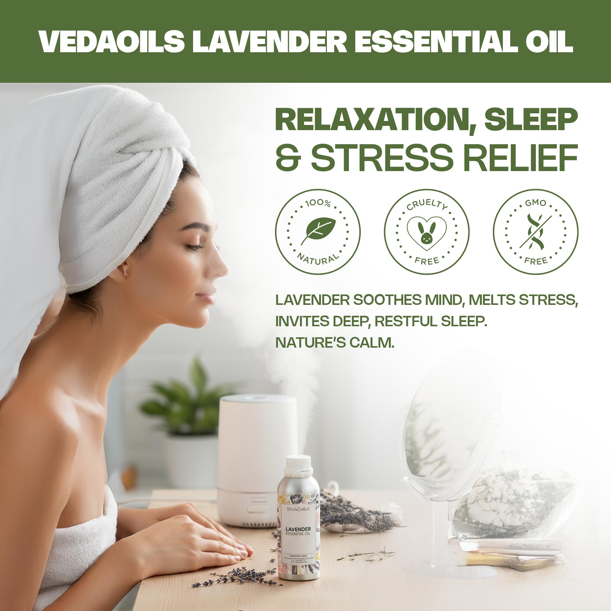 VedaOils Lavender Essential Oil for Relaxation, Sleep & Stress Relief | 100% Pure & Natural Aromatherapy Oil for Diffuser, Skin & Hair Care | Calming Floral Scent - 100ml - Image 2 thumbnail