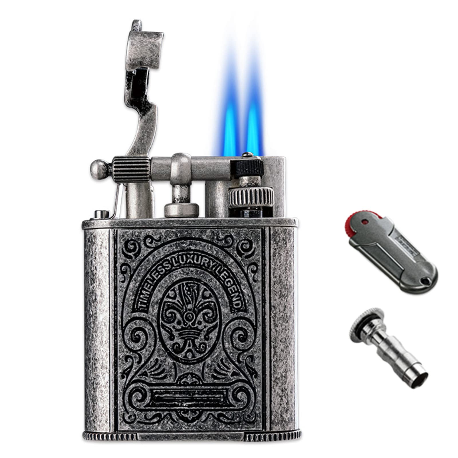 Blue Flame Torch Briquet Rechargeable Coupe Vent Jet Cigar Briquets Motif de Gravure Vintage Retro Bronze avec Flint Briquet Coffret Cadeau