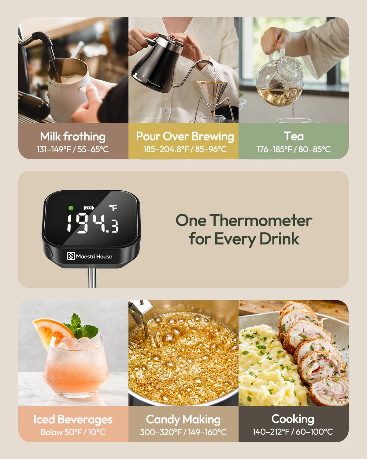 Maestri House Thermomètre de cuisson haute précision 0,1 °C/°F rechargeable avec mousseur à lait de 350 ml, grand écran LCD et clip amovible pour mousse de lait, café et confiture (noir)