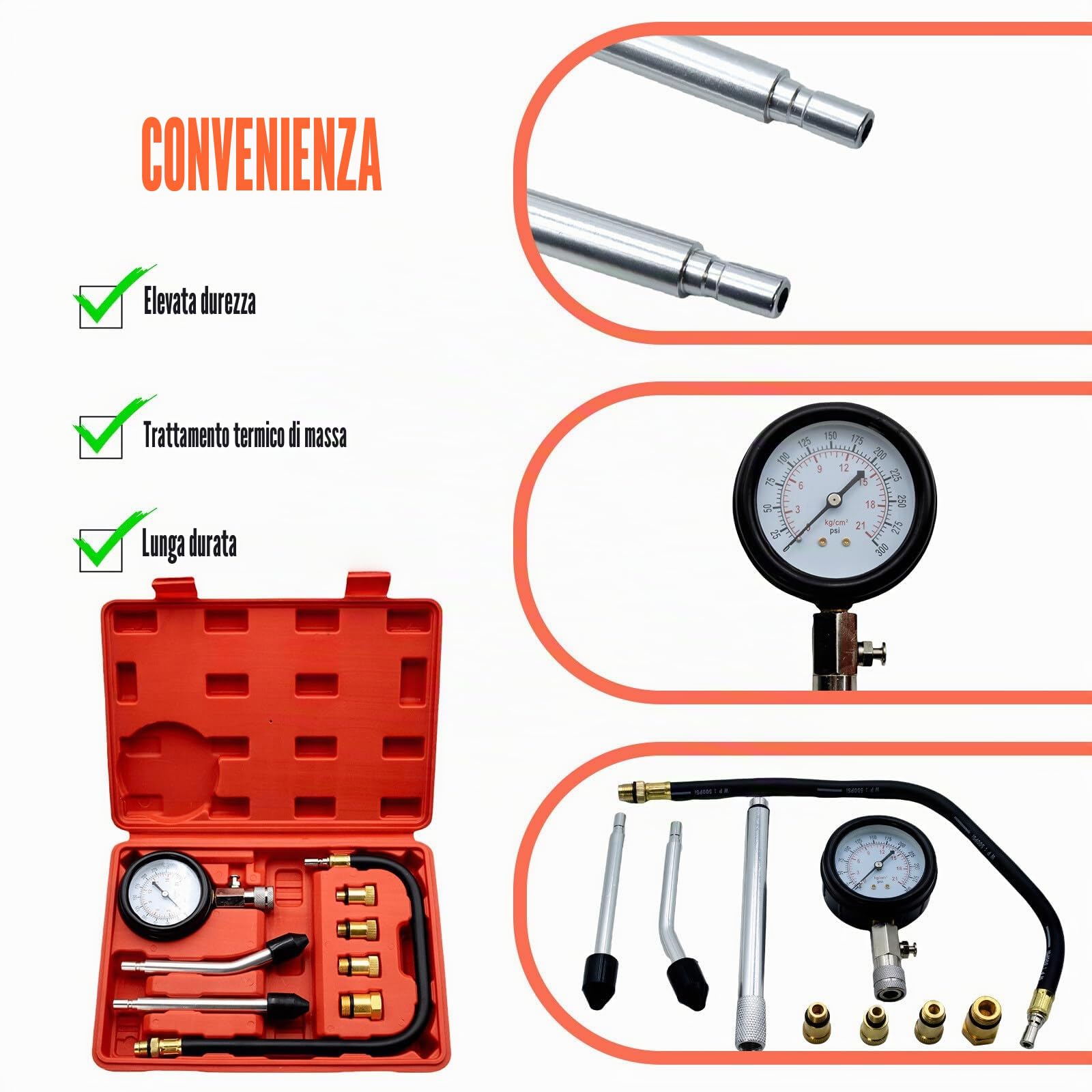 Tester di compressione: kit tester di compressione, misuratore di compressione benzina, manometro strumento per test moto, motore fuoribordo auto, motoslitta auto benzina motore a gas