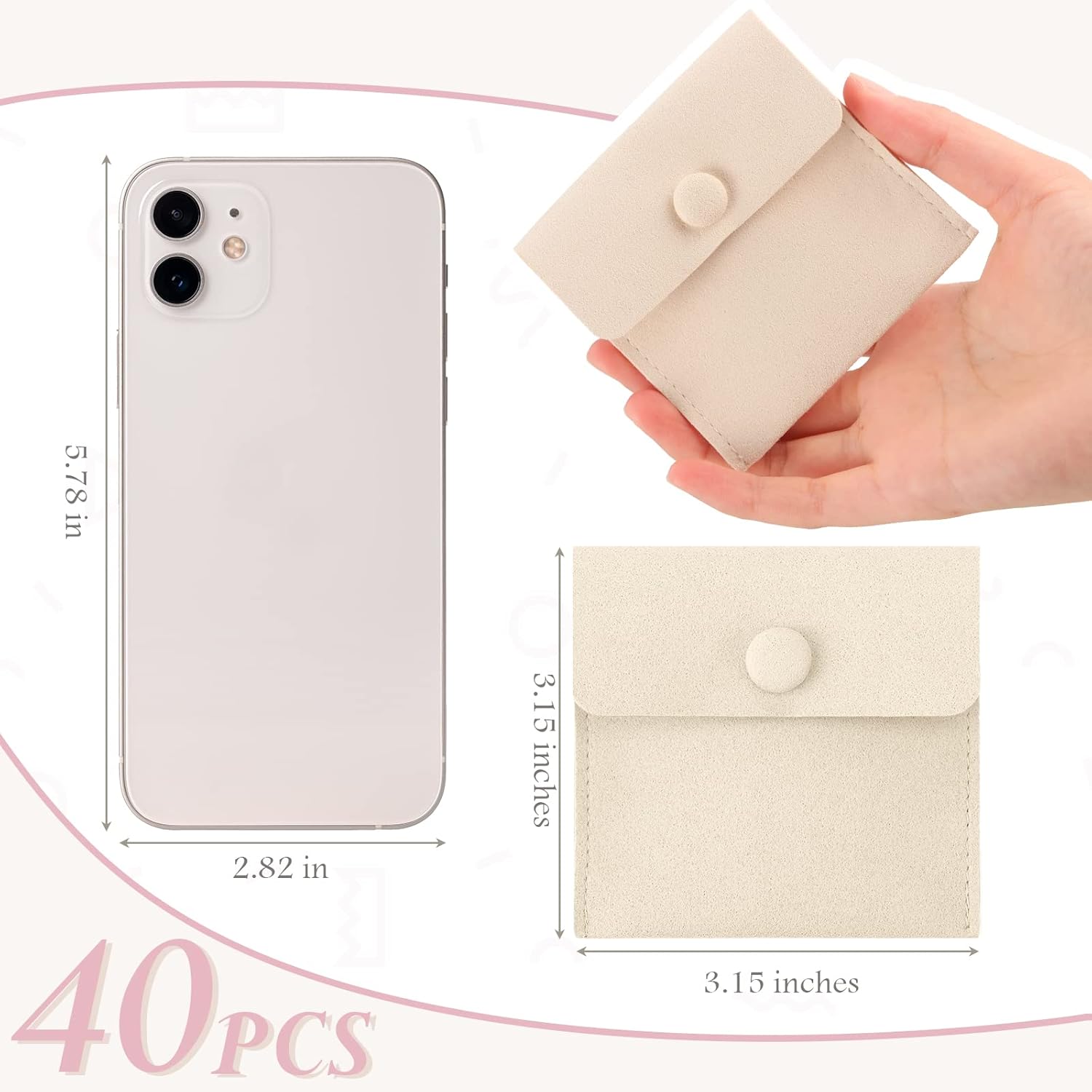 Bonuci Microfiber Jewelry Pouch 8x8cm, Jewelry Packaging Bag Luxury Small Gift Bags Package Snap Button with Divider Microfiber Bag for Bracelet Necklace Packaging