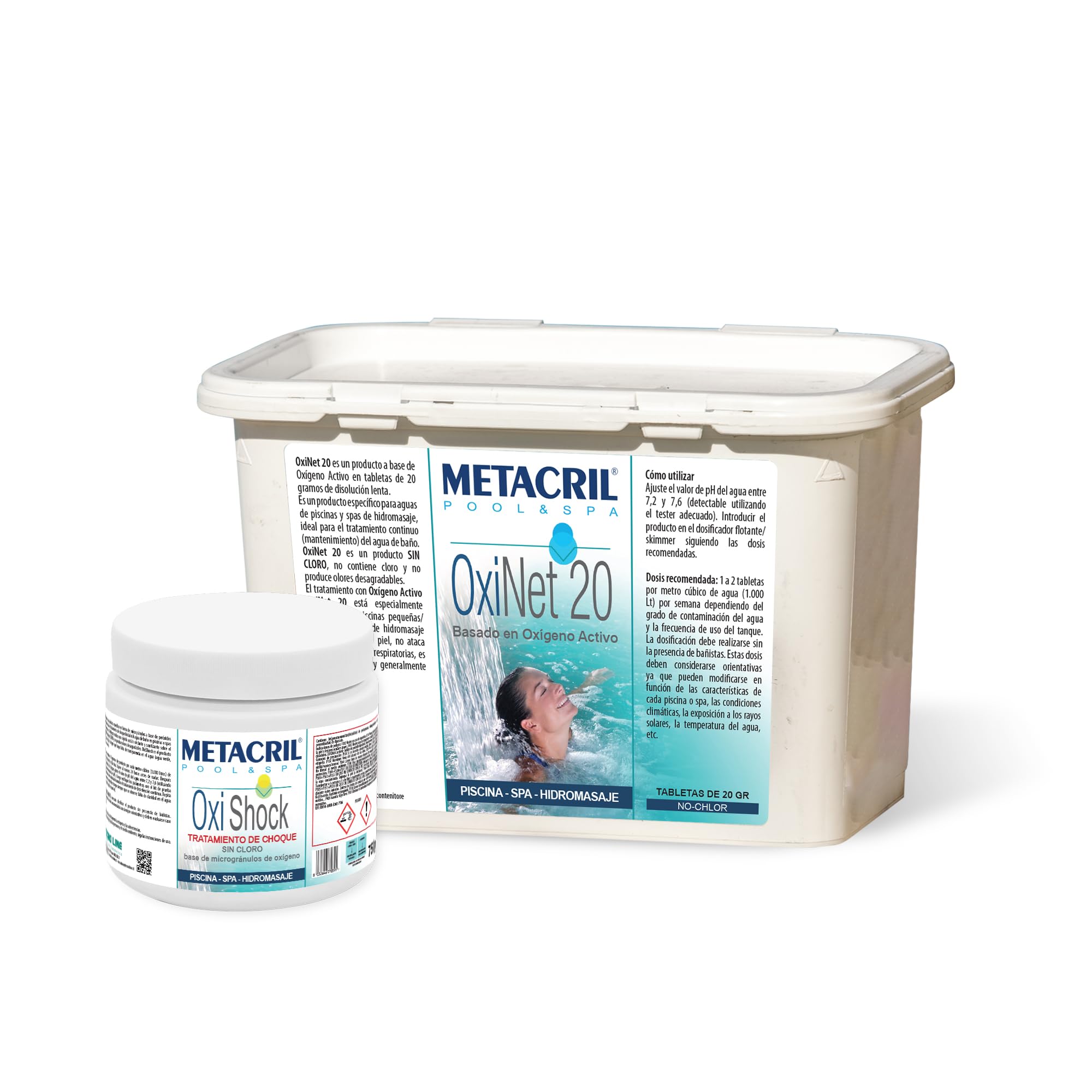Metacril Kit OxiNet 20 1,2 kg + OxiShock 750 g, Gestión de la Calidad del Agua sin Cloro y a Base de oxígeno para Piscinas y bañeras de hidromasaje