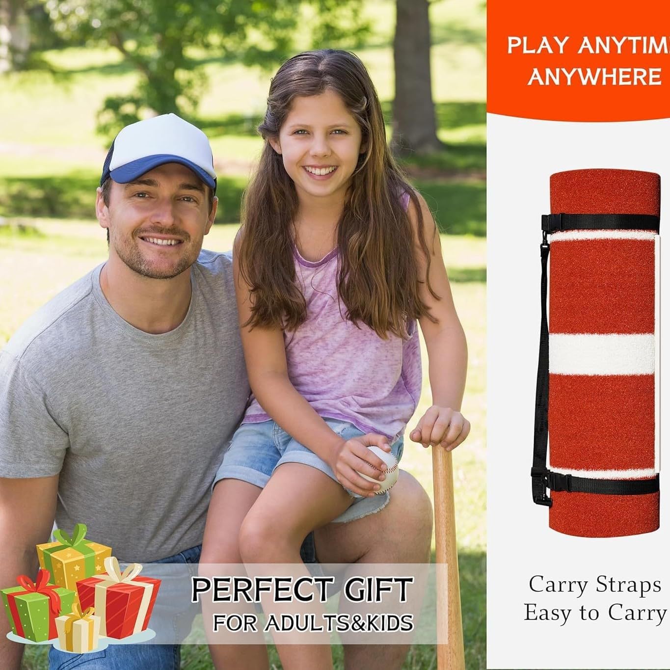 Baseball Hitting Mat, 3'x10' Extra Large, High Resilience 5mm, Synthetic Turf, Red, Portable with Strap, Indoor Outdoor Training