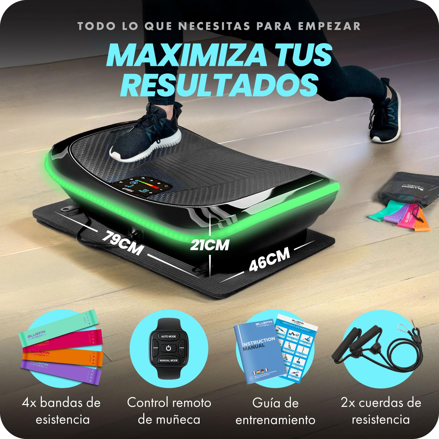 Plataforma Vibradora Bluefin 4D para Perder Peso, Recuperación Muscular y Drenaje Linfático, 3 Potentes Motores con Bandas y Cuerdas de Resistencia para Realizar un Ejercicio Completo
