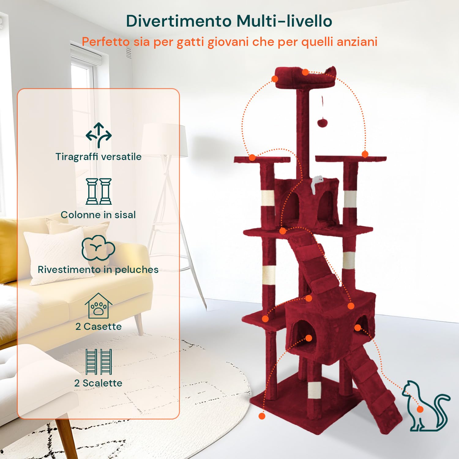 Tiragraffi XXL 170cm con Doppia Cuccia per Gatti Adulti, Albero Giochi in Sisal e Peluche, Piatteforme Relax, Ampio e Sicuro per il Massimo Divertimento dei Gatti Bordeaux