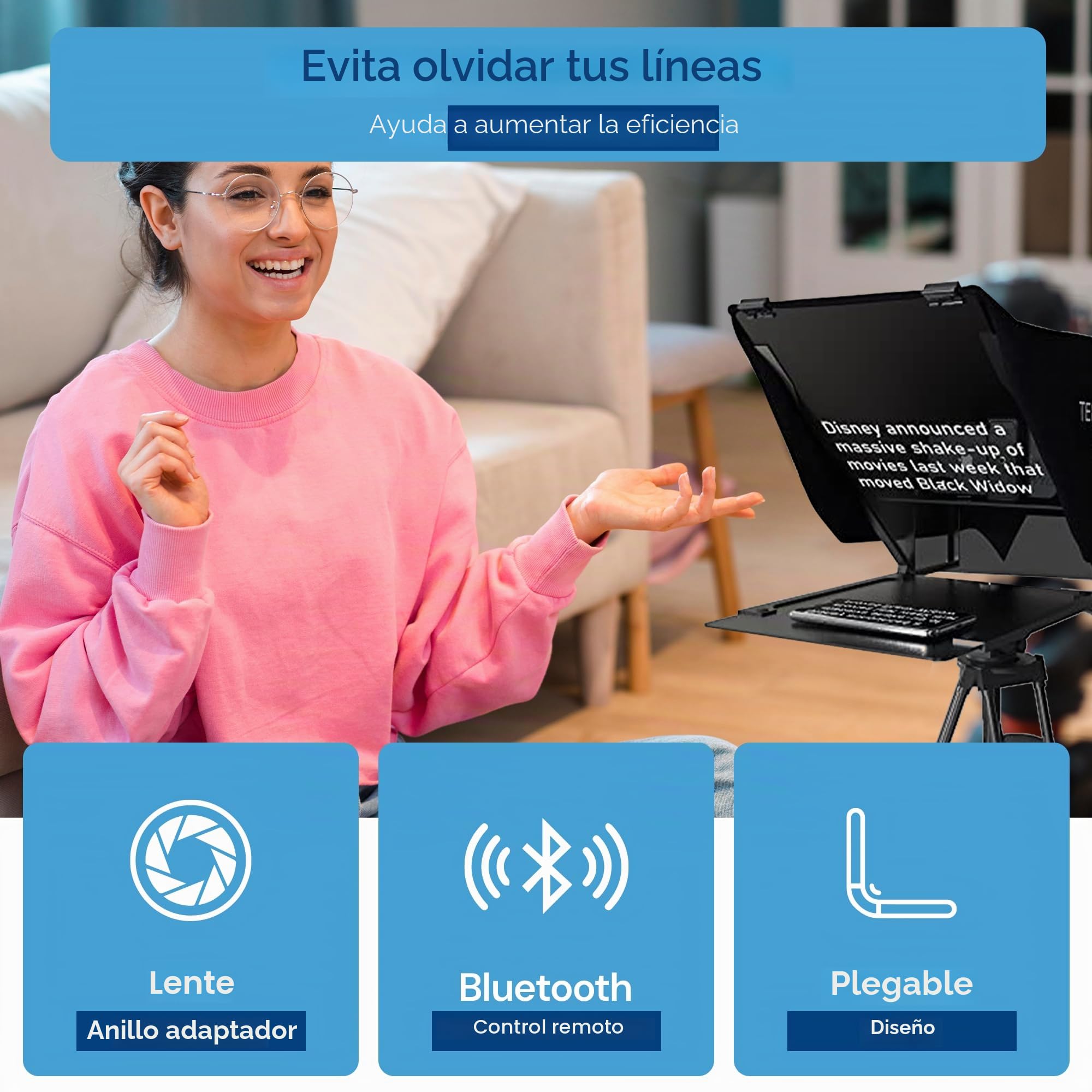 Teleprompter Compatible con IPad, Tableta, Smartphone y Cámara DSLR, Controlado Mediante Mando a Distancia o Aplicación, Android e iOS, Ideal para Grabaciones de Vídeo (5.0)