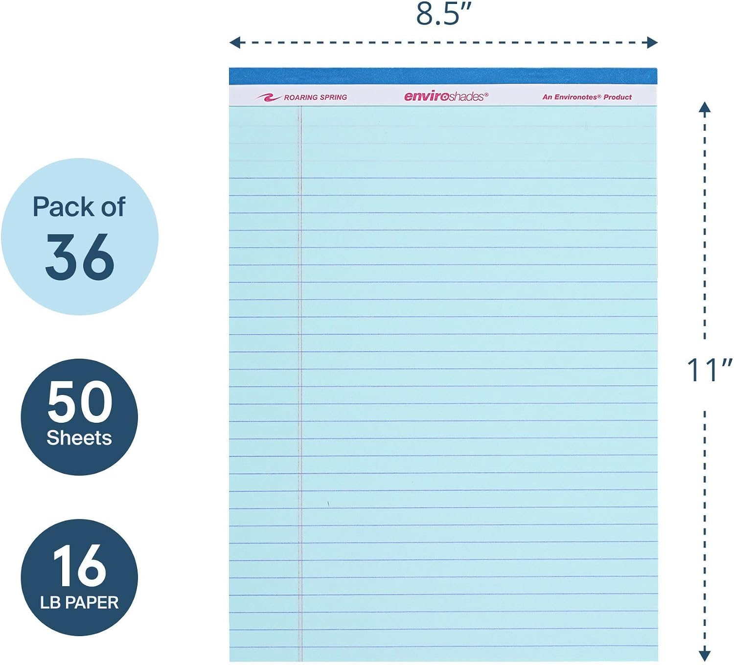 ROARING SPRING Enviroshades Blue Legal Pads, 36 Pack, Legal Ruled Recycled Colored Writing Note Pads, 8.5" x 11", 50 Sheets, Perforated Paper, Made in USA, Memo Pad For School & Office