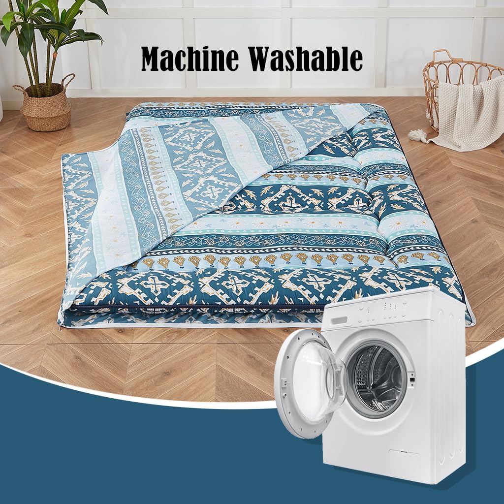 Zelladorra Futon Mattress Cover, Zippered Japanese Floor Mattress Cover, Machine Washable (Blue Striped Jacquard, Twin)