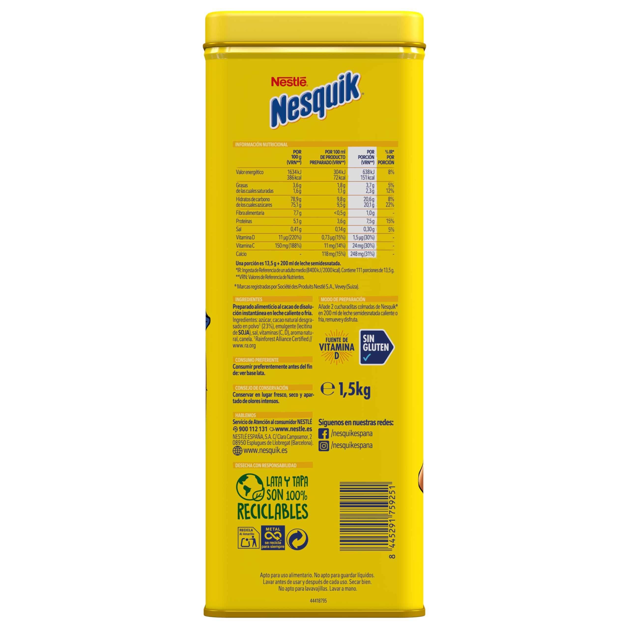 Nestlé Nesquik Instantáneo Cacao Soluble, Lata 1.5 Kg