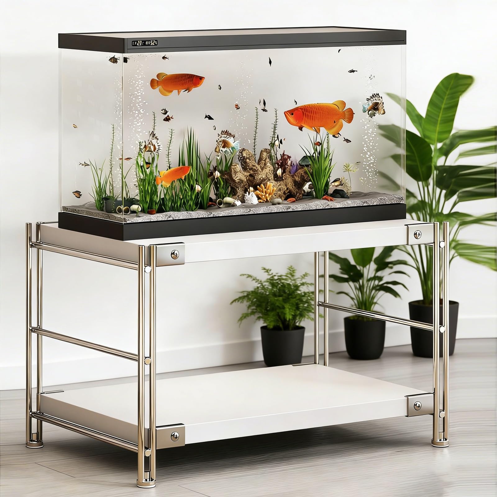 Support D'aquarium a 2 Niveaux, Acier Massif de 8 mm, Panneaux de 25 Mm D'épaisseur (charge de 100 Kg), Support D'aquarium(White,60*45cm)