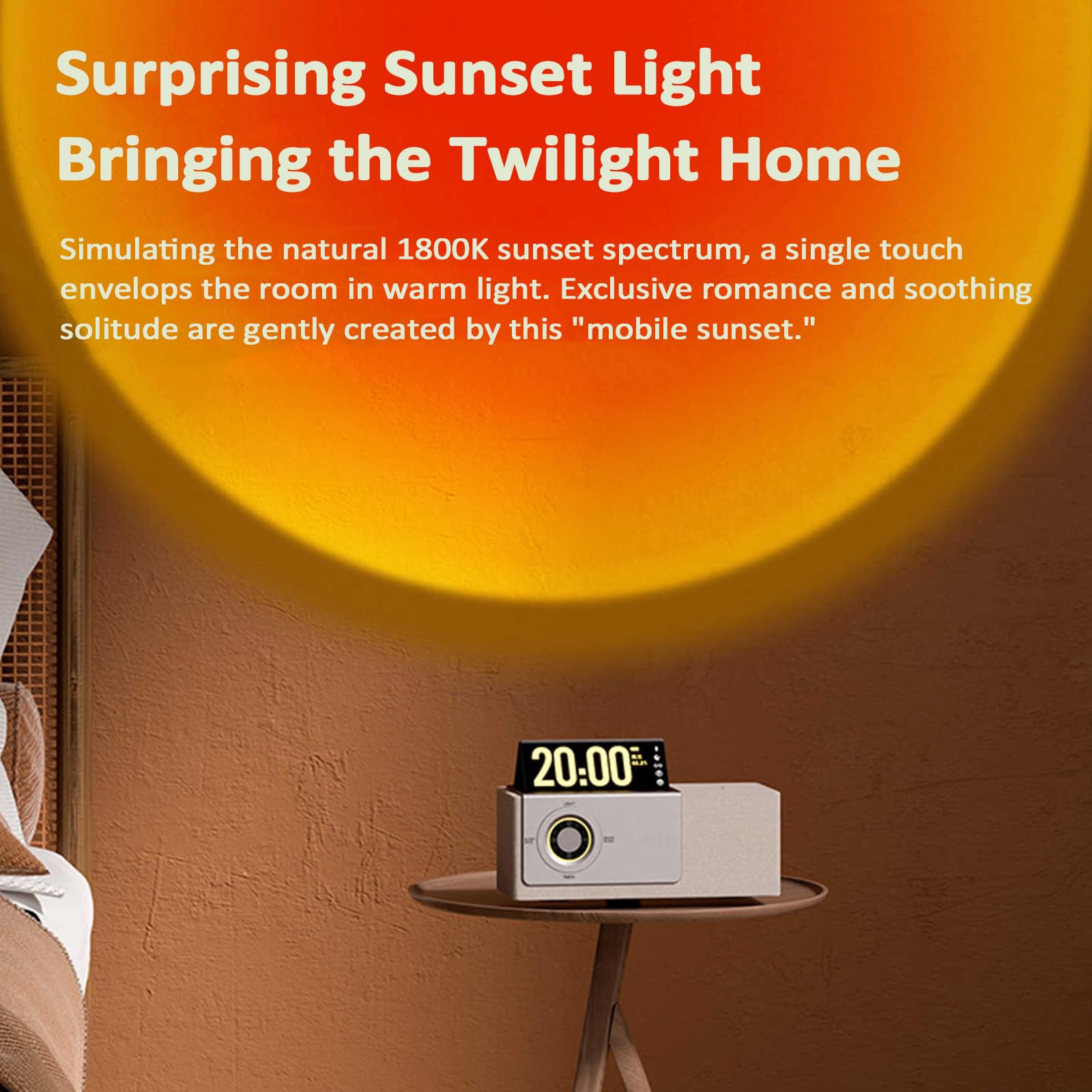 Altoparlante Bluetooth con display con testo fluttuante, generatore di rumore bianco, ricarica wireless, orologio da tavolo, proiettore tramonto e schermo flip per decorazioni domestiche e regali