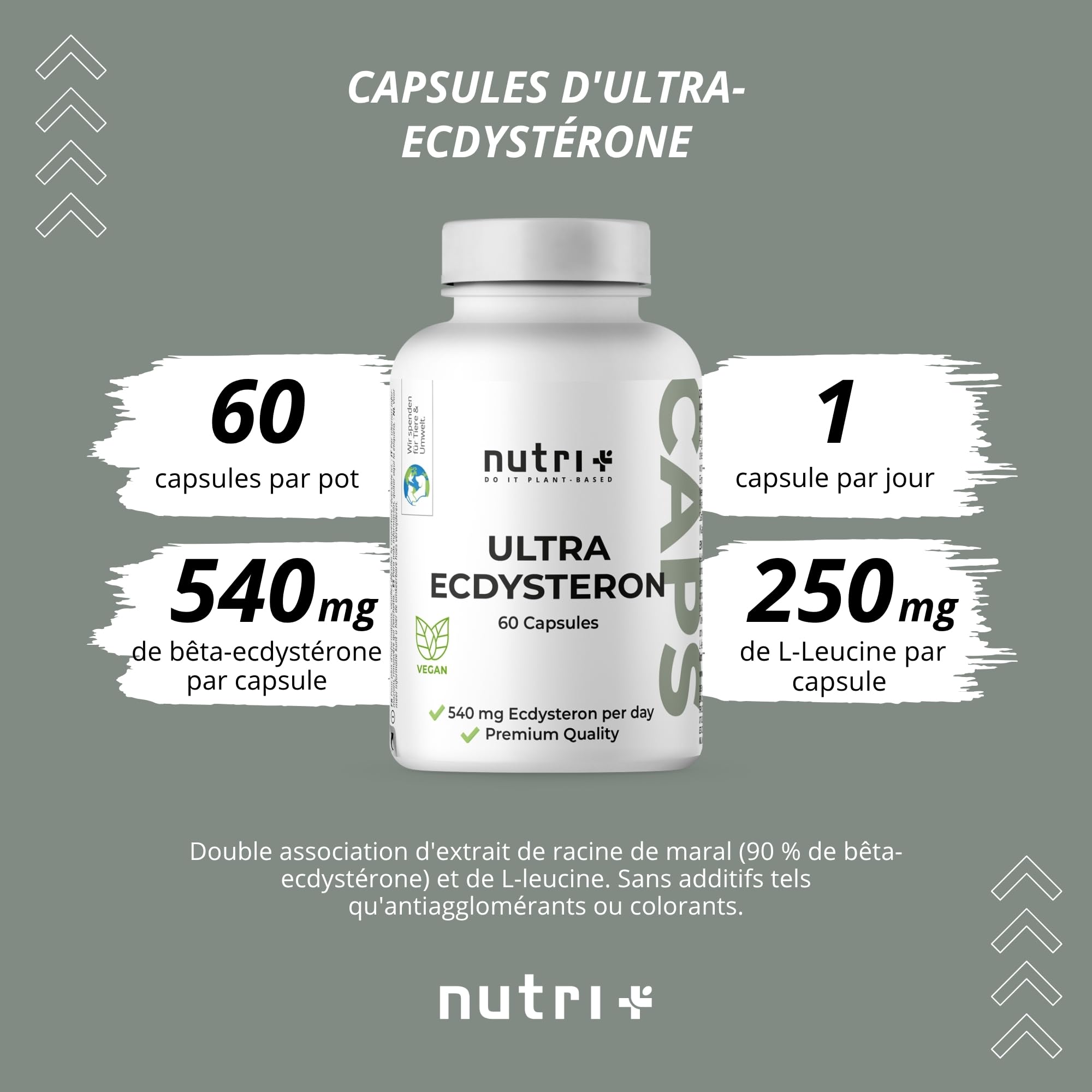 Nutri + Beta Ecdysterone Supplément hautement dosées + vegan - 540 mg par capsule - 90% beta-ecdysterone + L-Leucine - extrait de Stemmacantha Carthamoides - Fitness gelule