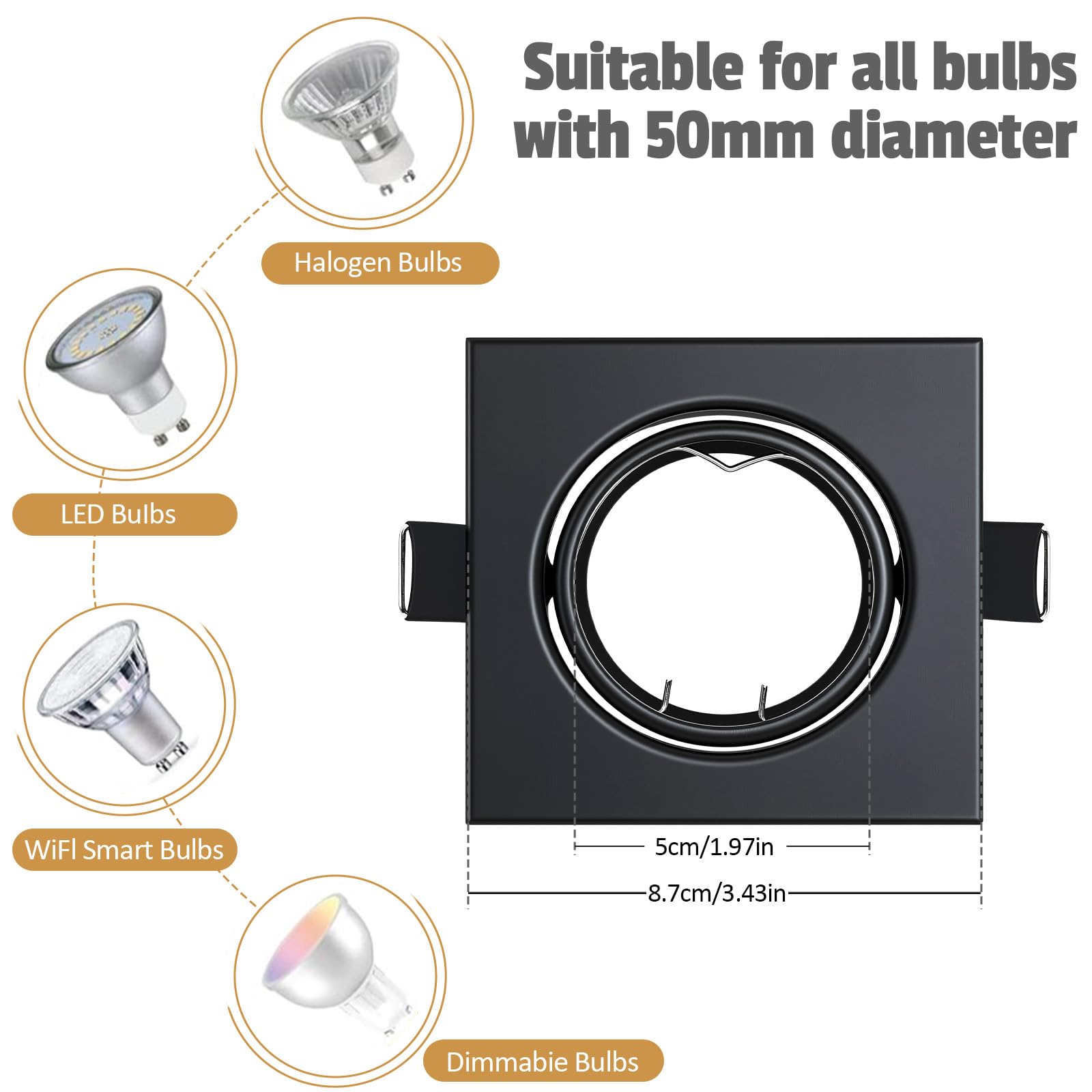 12x LED Einbaustrahler Rahmen mit GU10 Fassung, Eckig Matt Schwarz Metall Einbaurahmen, 68-80mm Lochmass, 30° Schwenkbar, inkl. GU10-Fassung für LED oder Halogen Leuchtmittel