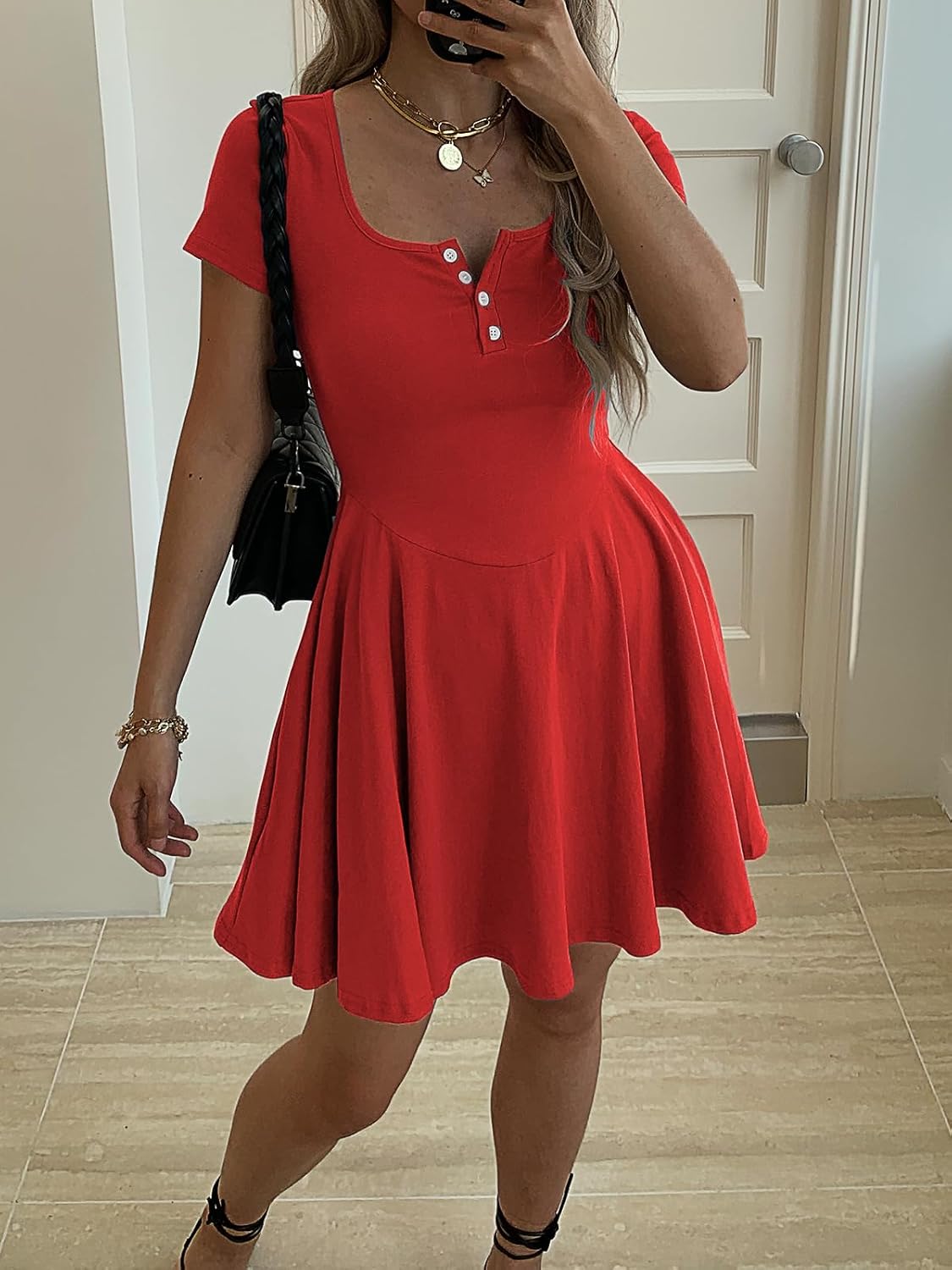 Women Summer Square Neck Mini Dresses Button Down Drop Waist T Shirt Dress Short Swing Sundress with Pockets - Image 4