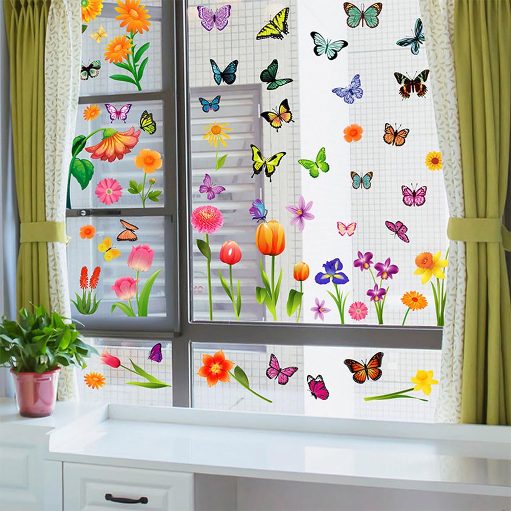 Timelesslong Colored Flower Window Stickers Spring Summer Clings Kids Butterfly Window Decals for Glass Floral Birds Anti-Collision Glass Doors Stickers Decoration, Prevent Bird Strikes