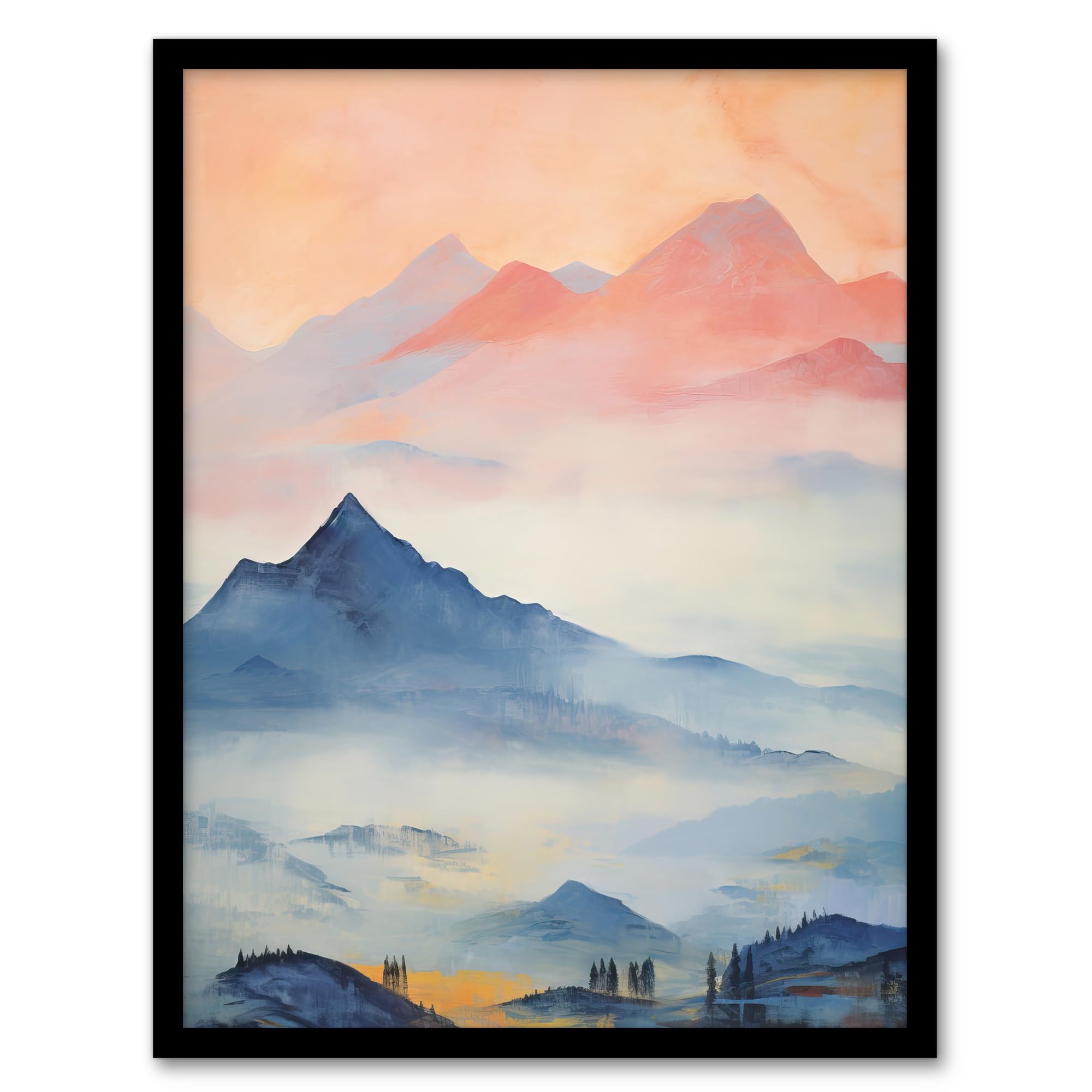 Artery8 The Blue Misty Hills Of Home Sunset Landscape Watercolour Mist Artwork Framed Wall Art Print A4