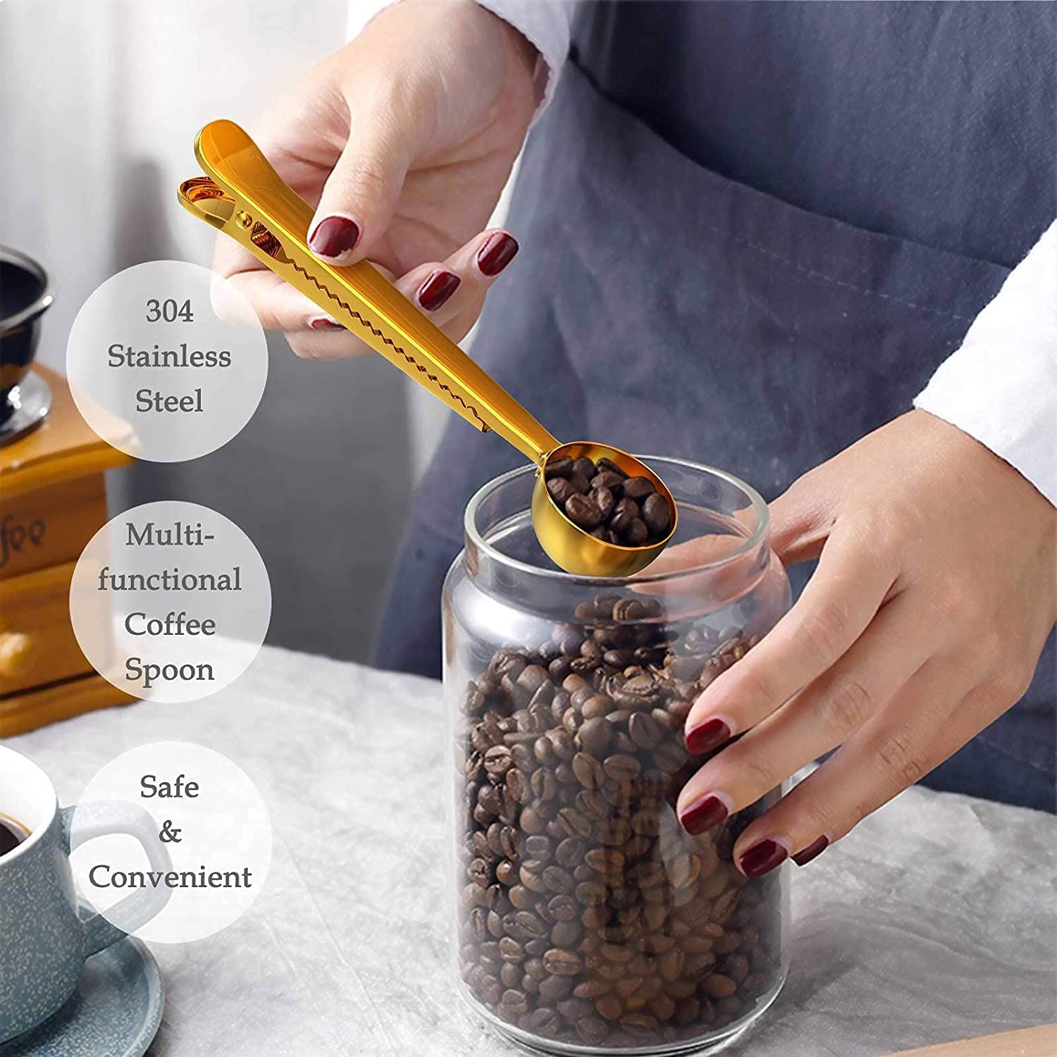 Löffel Restaurants Kaffeelöffel mit langem Griff und Clip Milchpulver Flüssigkeits-Gewürz-Messlöffel Kaffeezubehör Esslöffel Hause(Gold)