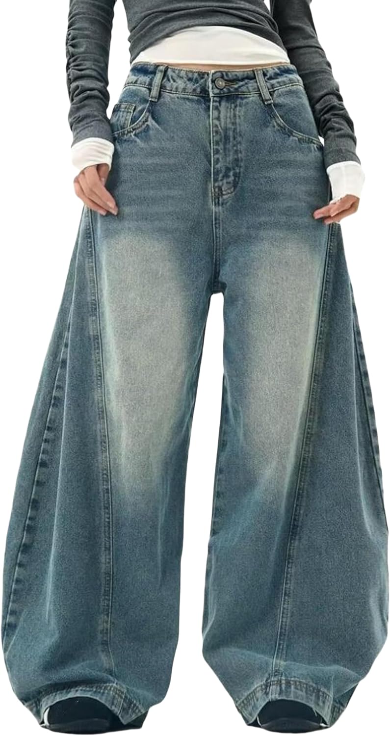 Womens Baggy Jeans Vintage Oversized Pants Aesthetic Hip Hop Jeans Relaxed Fit Ultra Flared Bottom Casual Streetwear Style