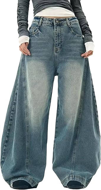 Womens Baggy Jeans Vintage Oversized Pants Aesthetic Hip Hop Jeans Relaxed Fit Ultra Flared Bottom Casual Streetwear Style