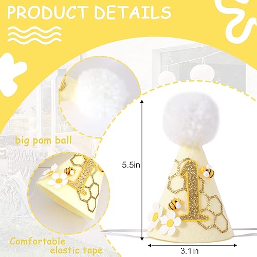 Miniatura 2 de SYESQL Sombrero de cono de primer cumpleaños de abeja, sombrero de fiesta de primer cumpleaños, sombrero de feliz primer día de abeja, accesorios