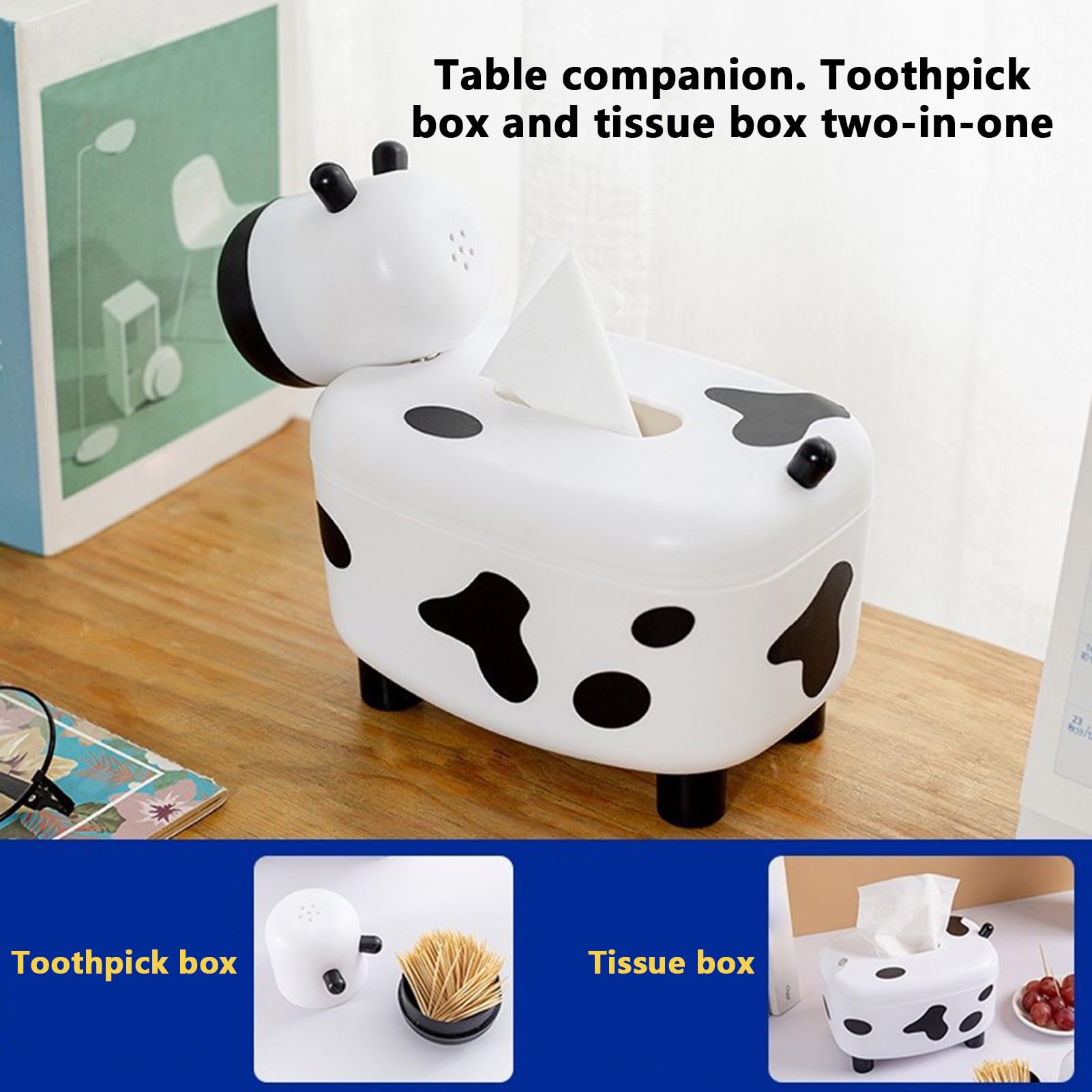 Awakentti Porta Fazzoletti A Forma Di Mucca 2 In 1 Con Dispenser Per Stuzzicadenti - Arredo Casa Divertente Per Tavolo E Cucina - 2