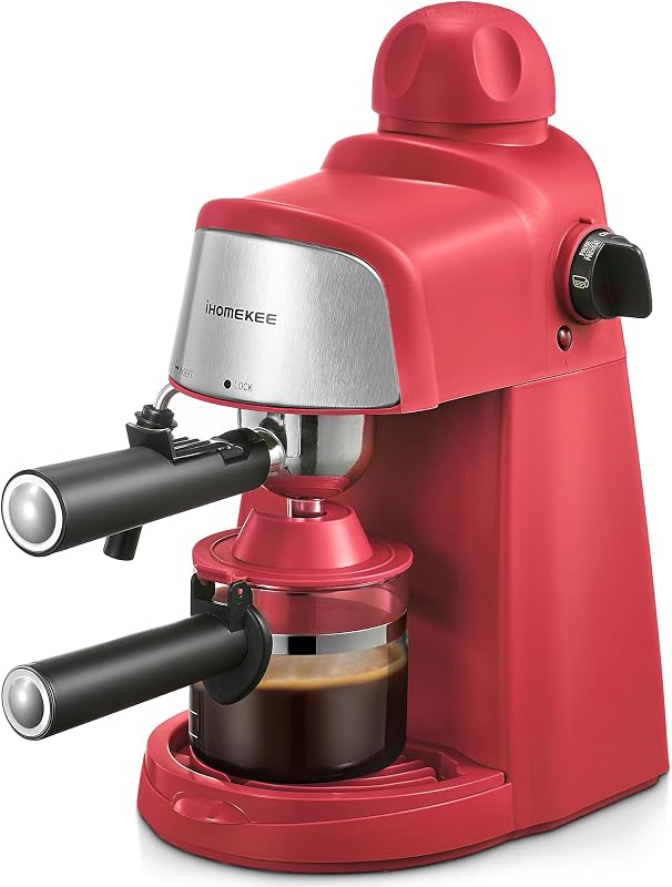 Ihomekee Espresso Machine, 3.5Bar Espresso and Cappuccino Machine | Preheating Function, 4 Cup Coffee Maker with Milk Frothing Function and Steam Wand (Red)