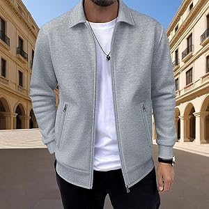 Mens Waffle Knit Full Zip Casual Lapel Collar Lightweight Transition Coat with Zip Pockets for Spring and Autumn gray S