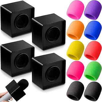 4 Pcs Microphone Flag Station ABS Interview Mic Logo Square Cube Shaped Mic Flag with 10 Pcs Microphone Foam Cover Microphone Accessories Black Microphone Flag Station, Colorful Foam Cover
