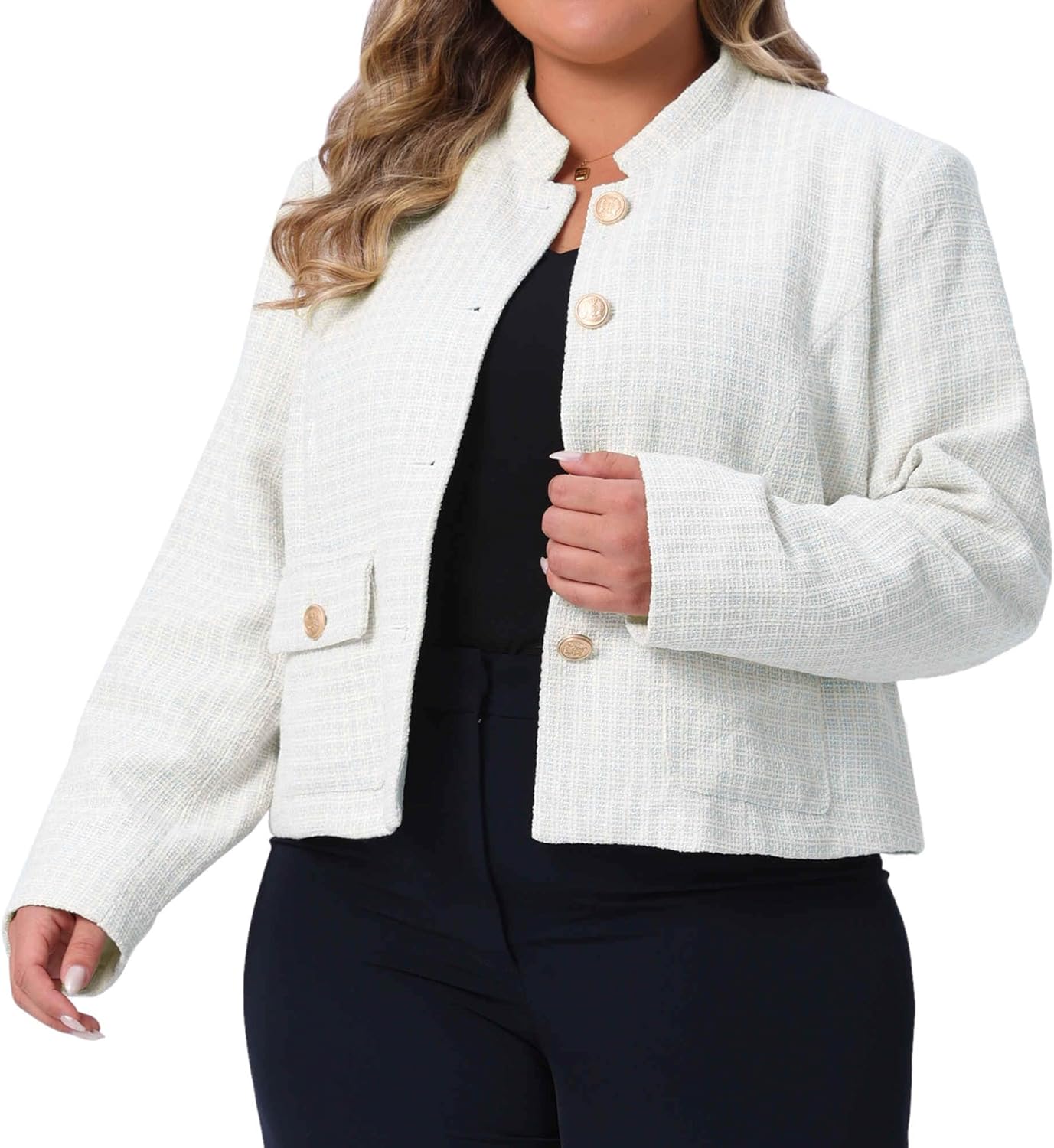 Agnes Orinda Plus Size Tweed Jackets for Women Elegant Stand Collar Button Down Cropped Blazer Jacket Business Casual Outfits