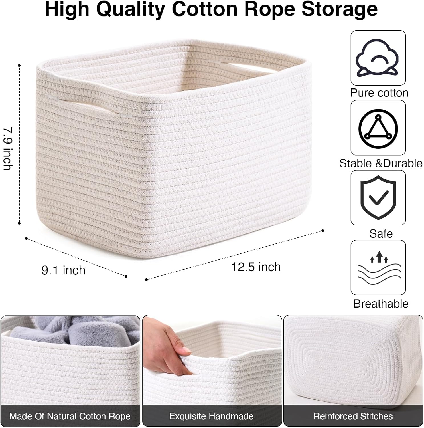 Storage Baskets for Organizing, Woven Basket for Storage, Storage Baskets Bin for Shelves, Cotton Rope Basket with Handles, 12.5"Lx9.1"Wx7.9"H, (4 Packs) Off White - Image 3