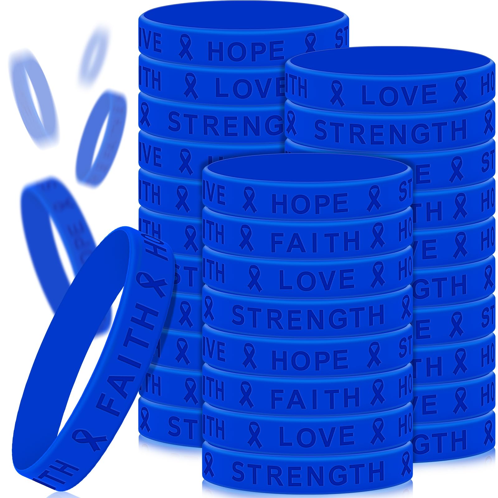 Bucherry 100 Pcs Child Abuse Awareness Colon Cancer Bracelets Bulk Blue Ribbon Awareness Bracelets Rubber Wristband Embossed Silicone Bracelet for Public Party Favors Girls Boys Child