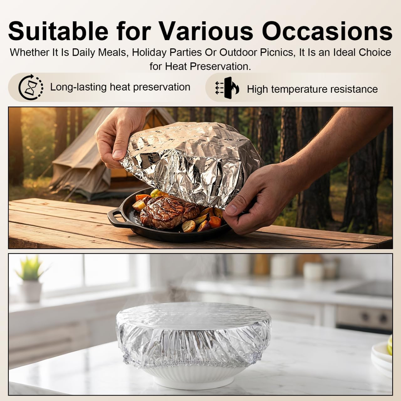 NUOBESTY 50pcs Aluminum Foil Bowl Covers Elastic Insulated Food plate covers for Home Dining Parties Outdoor Picnics Fits Various Dish Shapes 6.29inch