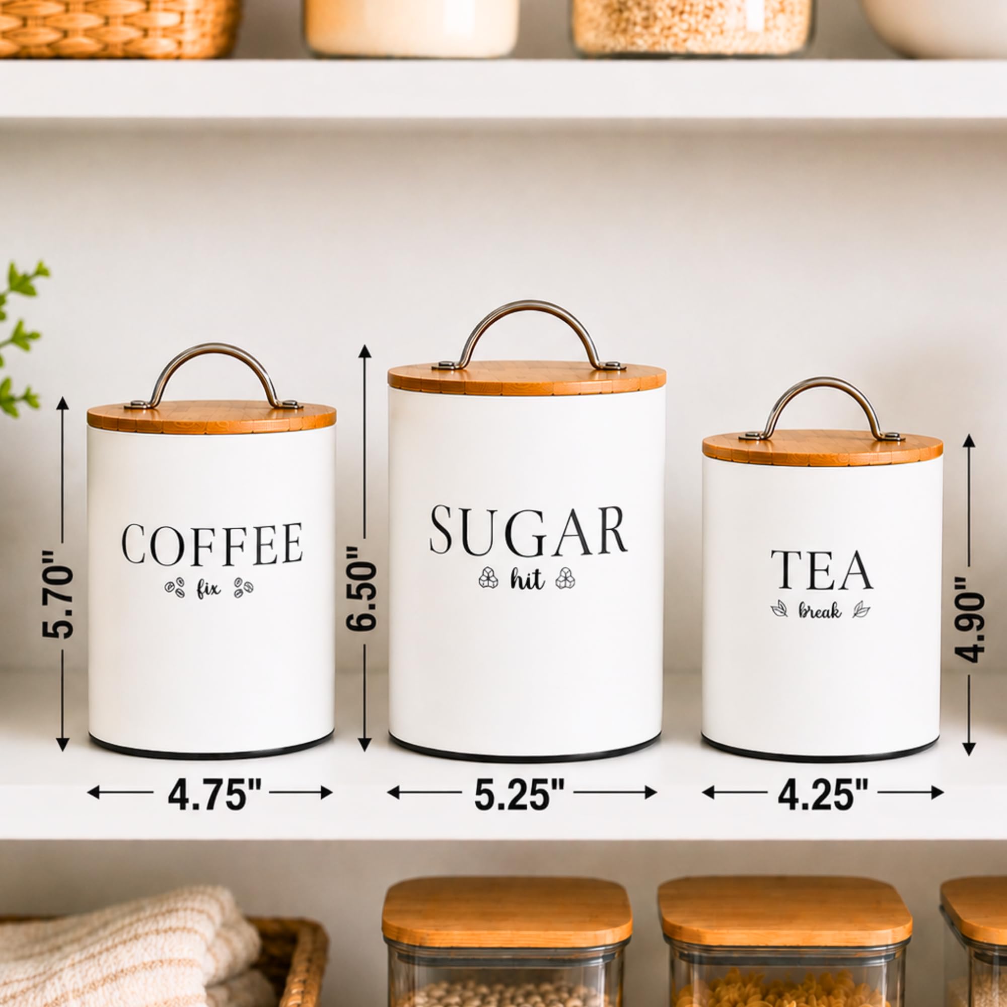 Set di 3 barattoli per tè, caffè e zucchero, per bancone della cucina, chiusura ermetica | Bianco sporco. Coperchio in bambù. Vernice a polvere metallica. Per uso alimentare. Ottima idea regalo