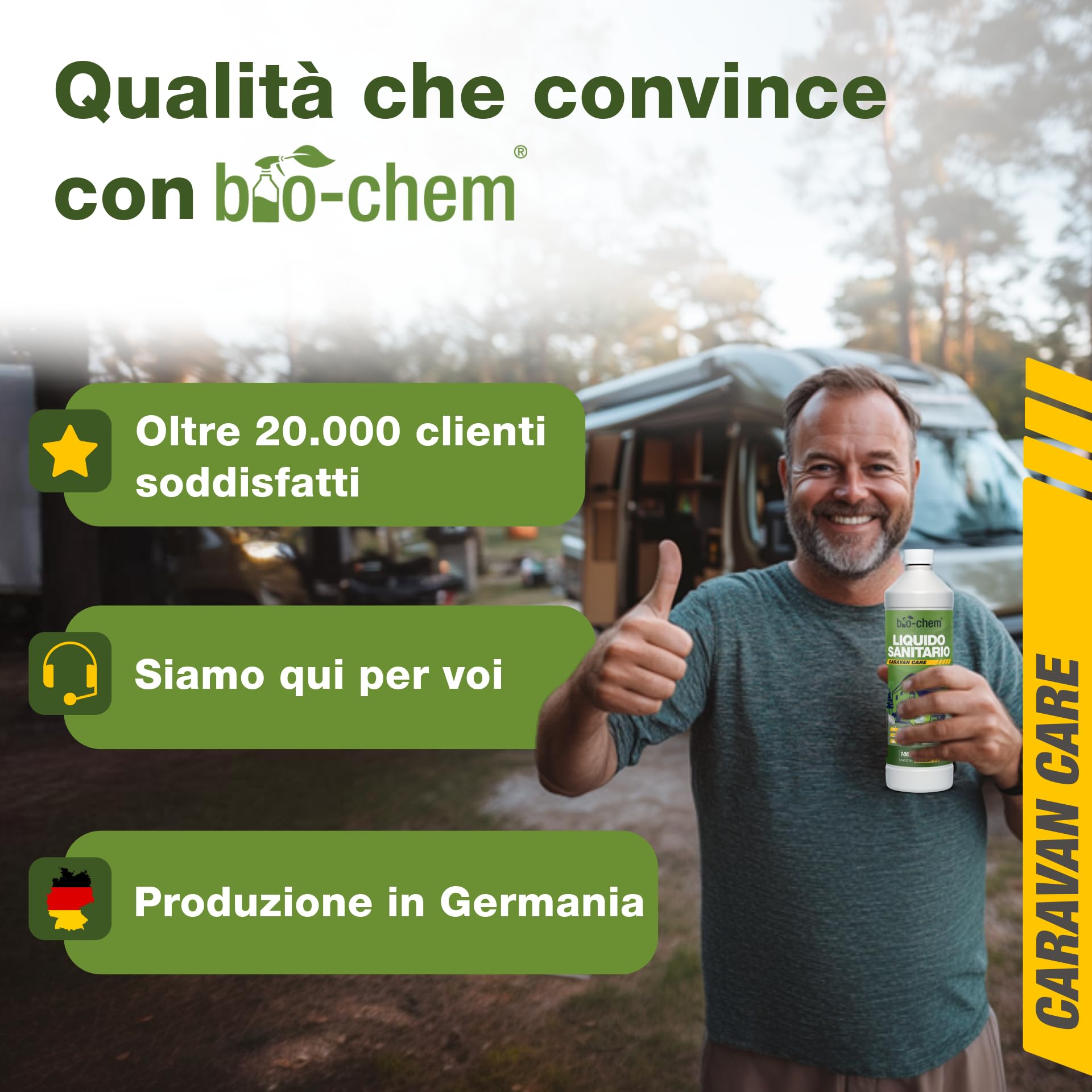 bio-chem - Liquido Sanitario 2L Nuova Formula con microrganismi per bagni chimici di roulotte - Additivo Sanitario concentrato per bagni Portatili da Campeggio - Bicchiere dosatore Incluso