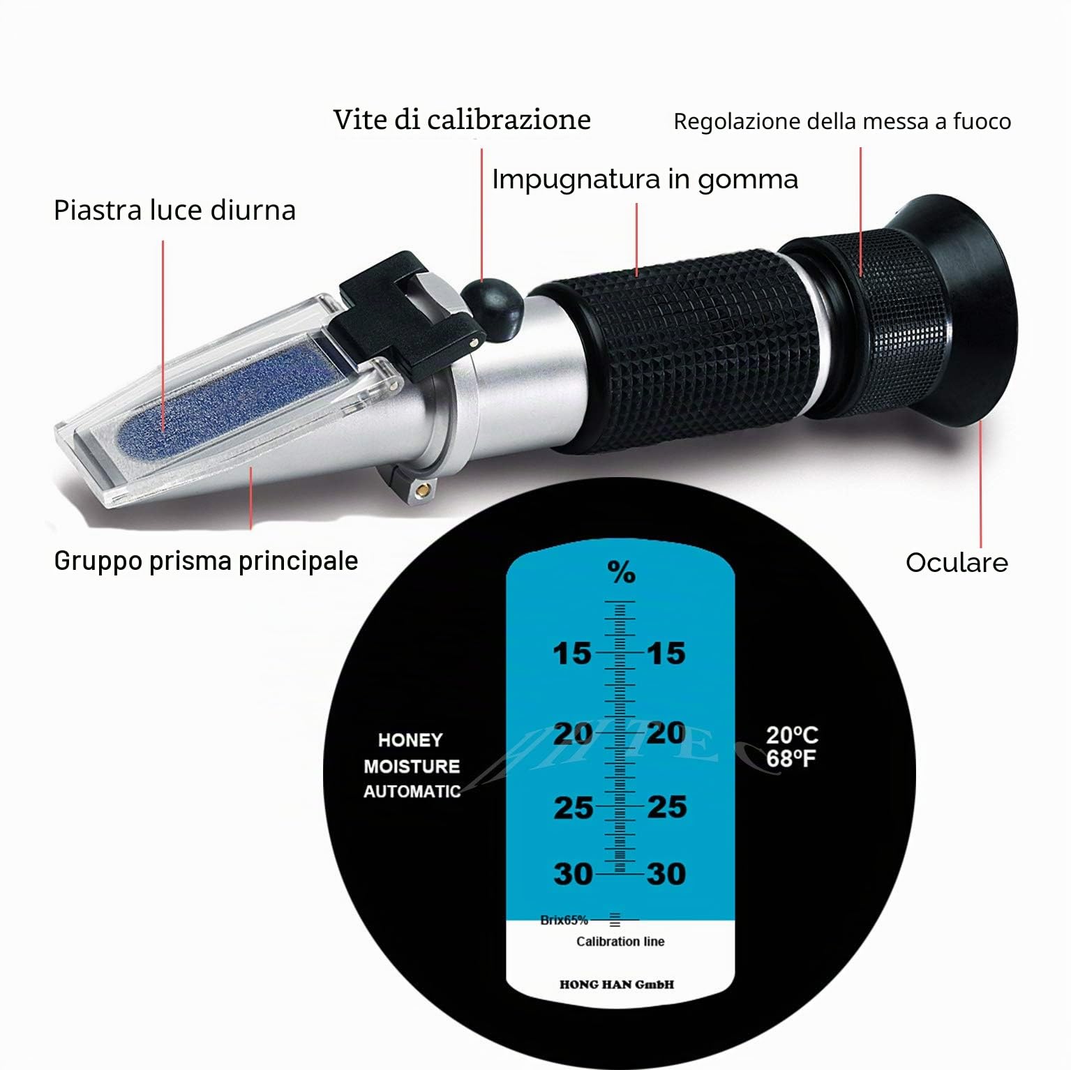 HHTEC Rifrattometro Miele 12–30% Acqua – Controllo Umidità Miele – ATC – Strumento per Apicoltura e Qualità del Miele
