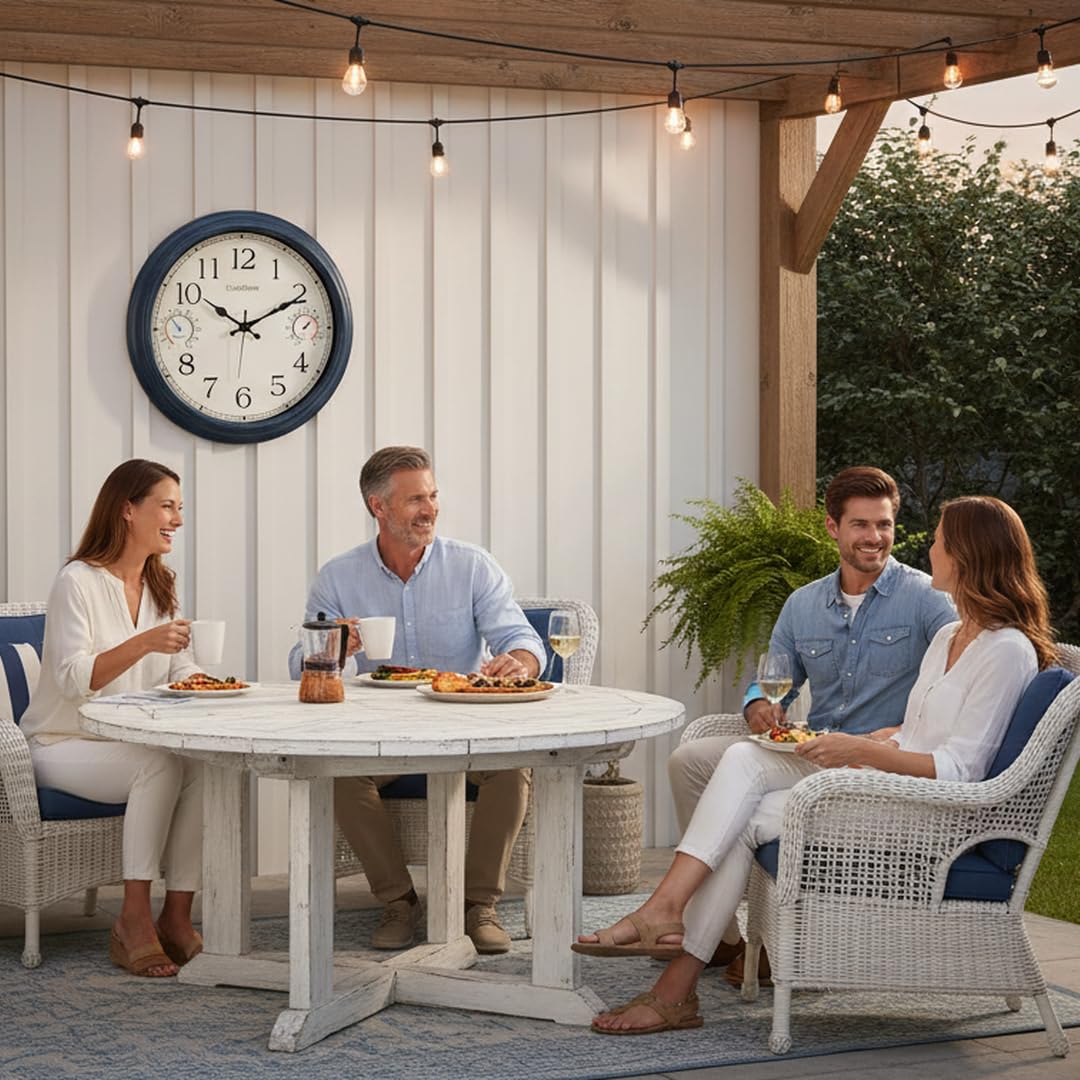 Crosstime 16 Zoll Outdoor Uhr Wasserdicht mit Thermometer & Hygrometer, Küste Nautische Dekoration für Terrasse, Pool, Garten, Hinterhof - Blau