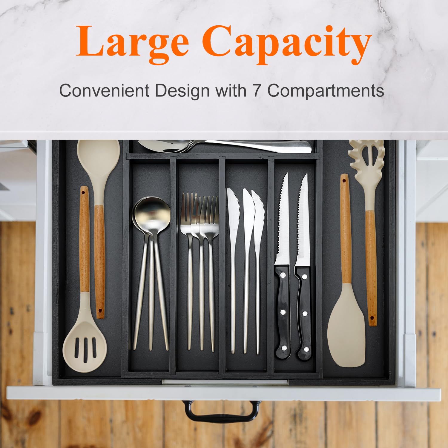 Ayiaren Organizador de cajones expandible, organizador de cubiertos de bambú grande, bandeja ajustable para cubiertos, de madera negra, divisor de cajones, organizador de utensilios de cocina,