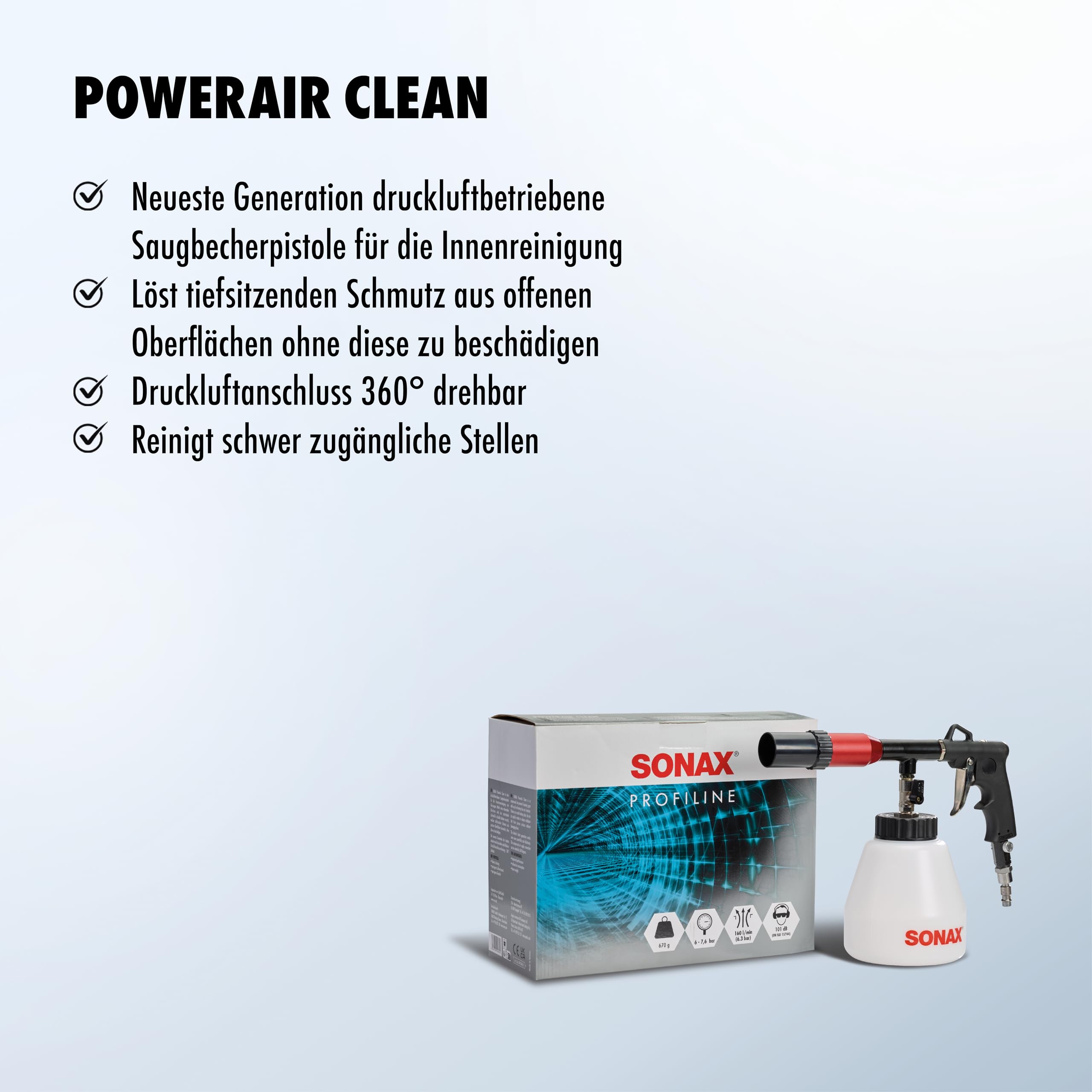SONAX PowerAir Clean (1 Stück) druckluftbetriebene Saugbecherpistole für die Innenraumreinigung von Fahrzeugen | Art-Nr. 04958410