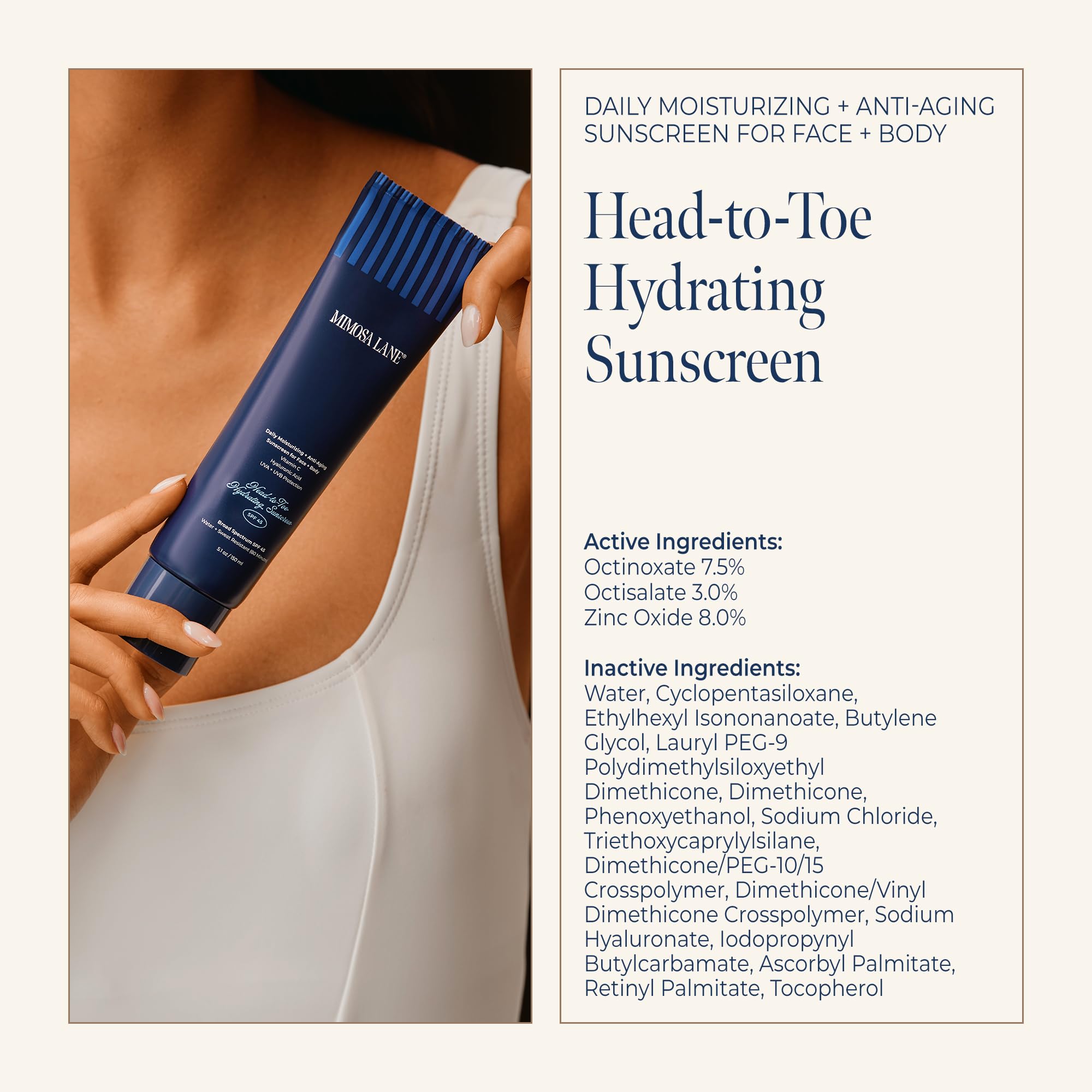 Mimosa Lane Head-to-Toe Hydrating Sunscreen for Face and Body, Broad Spectrum SPF 45, Daily Moisturizer with Anti-Aging Hyaluronic Acid and Vitamin C, Water Resistant, Fragrance-Free, Vegan, 5.1 oz