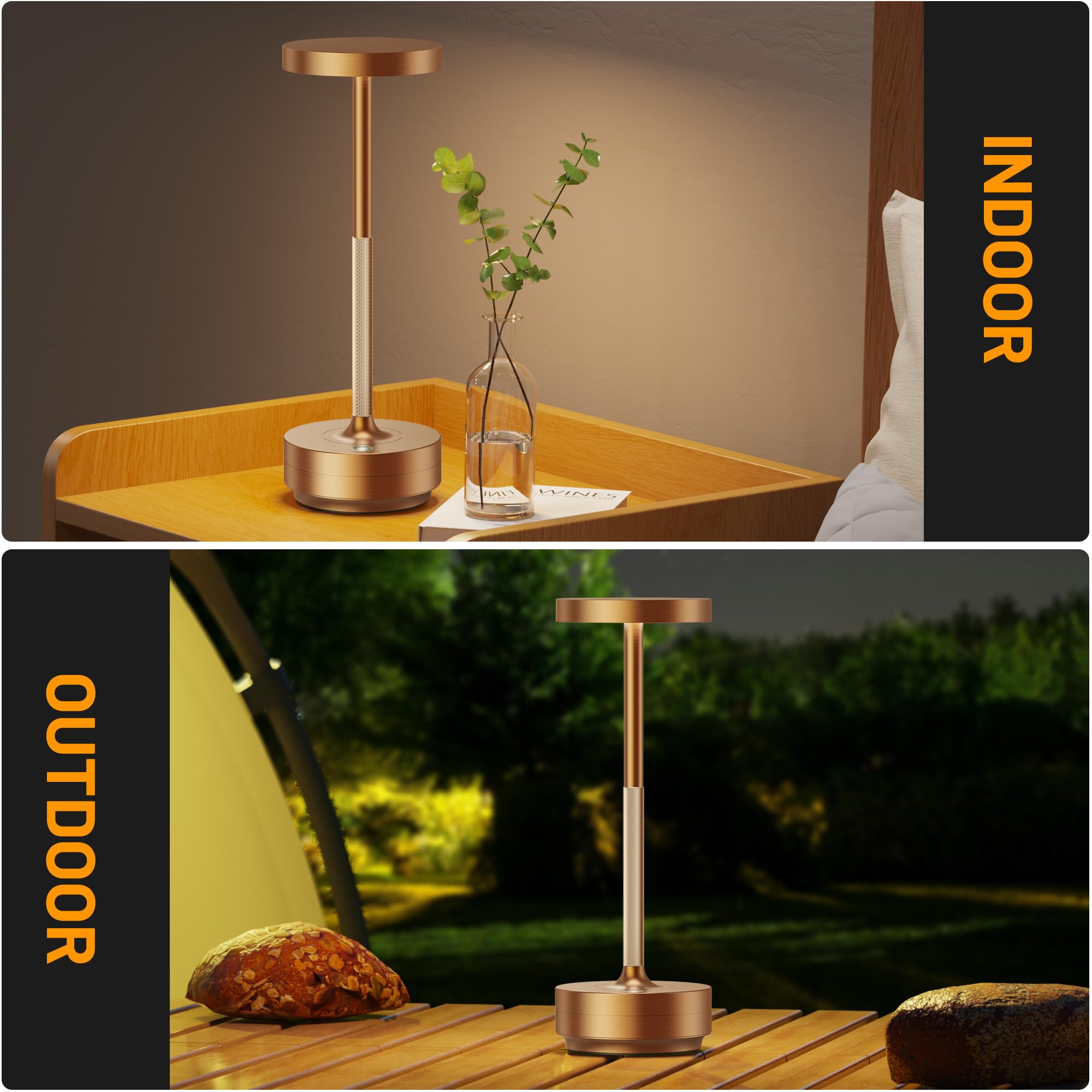 SAKRINGT LED-Tischlampe für den Außenbereich, kabellos, wiederaufladbar, batteriebetrieben, tragbar, wasserdicht, Tischleuchte für Restaurant, Terrasse, Camping (3 Farben, stufenloses Dimmen, 5000 mAh