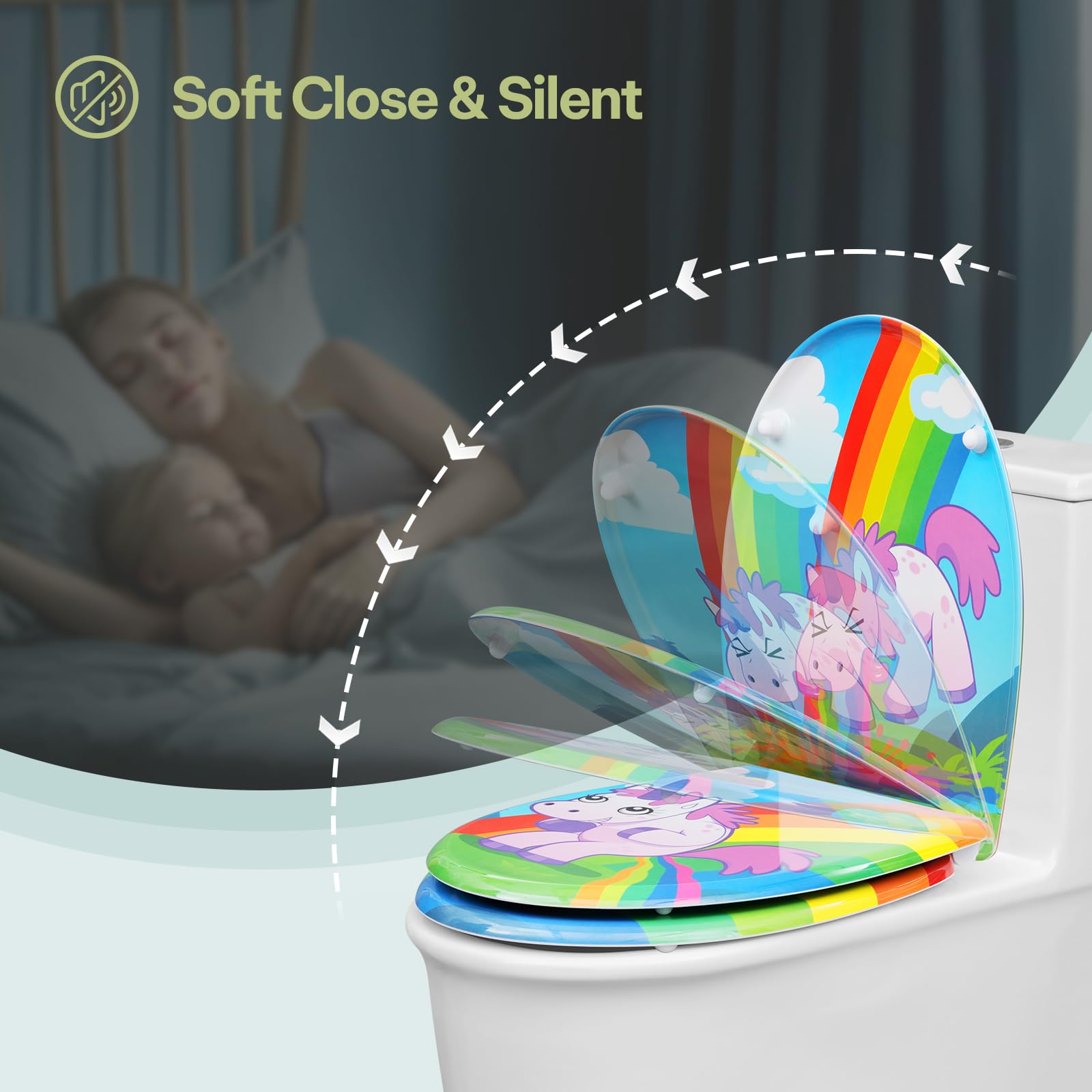 eSituro Toilettendeckel, WC Sitz mit Absenkautomatik, Klodeckel mit Schnellverschluss, 360° verstellbaren Scharnieren, Klobrille aus Duroplast, Regenbogen- und Einhorndruck