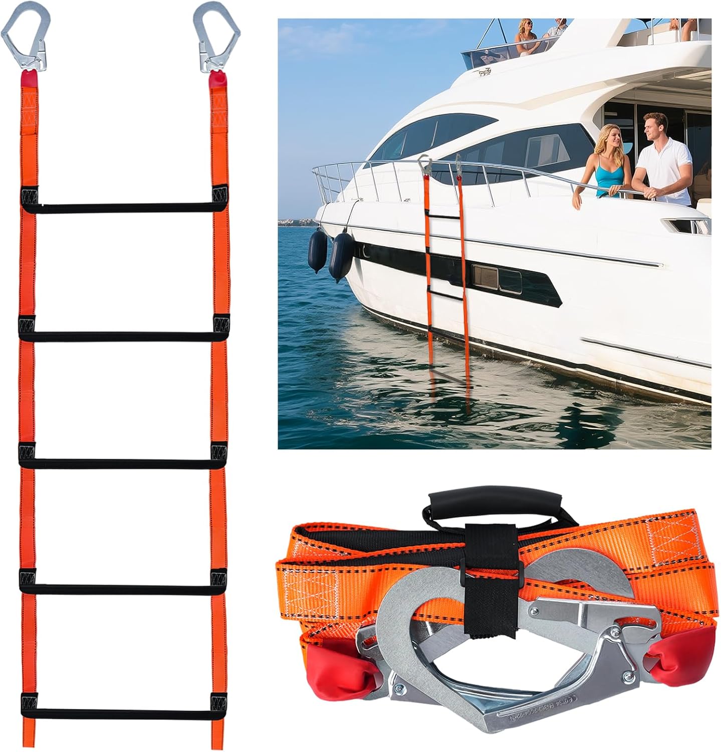 YOSHINE Boat Rope Ladder - 5 Step Heavy Duty Non-Slip Rope Ladder for Boat, 880Lbs Widened Polyester Boat Ladder, Collapsible Portable Boat Rope Ladder for Small Yachts, Motorboats, Outdoor Climbing